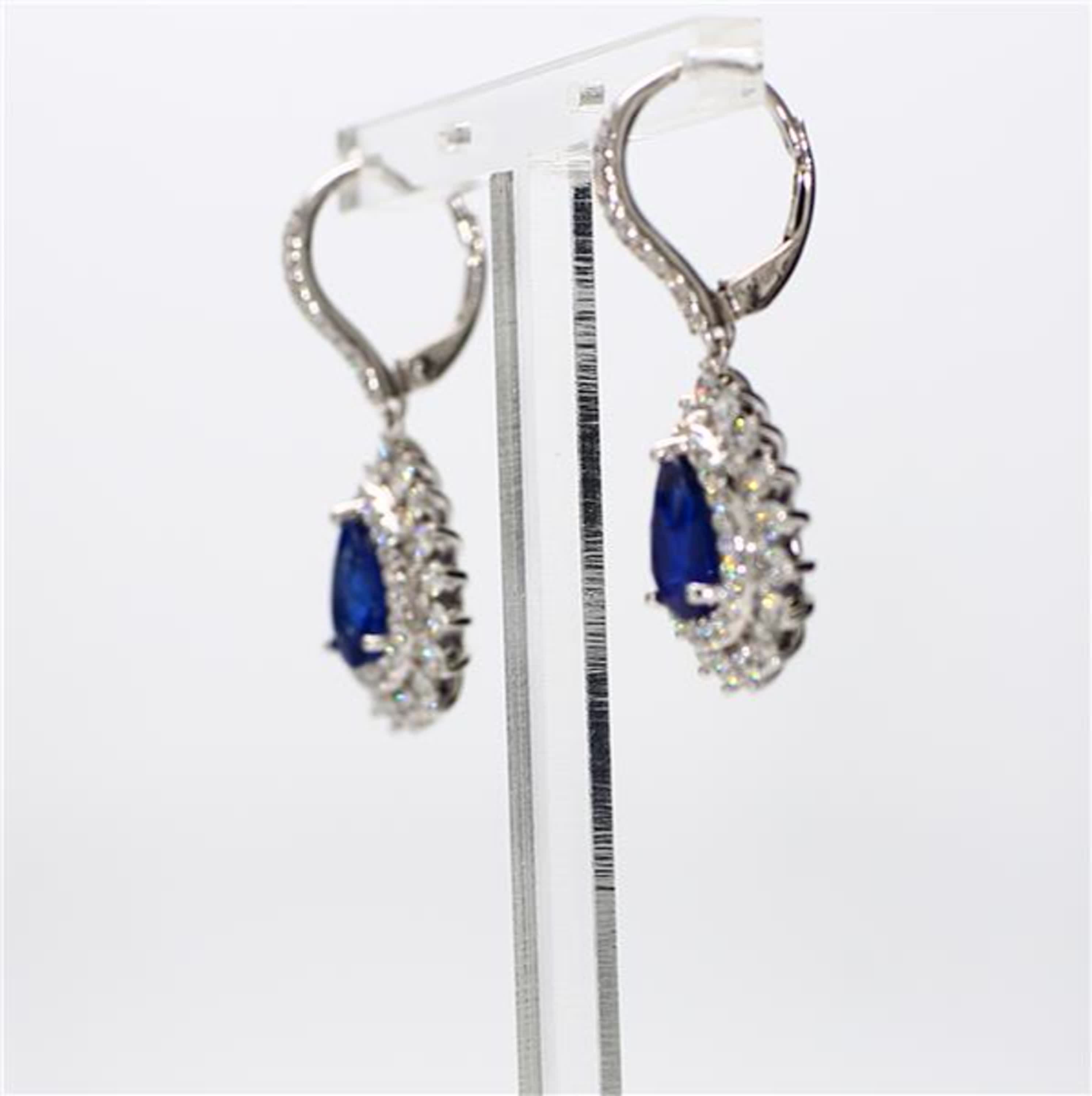 Natural Blue Pear Sapphire and White Diamond 4.40 Carat TW Gold Drop Earrings