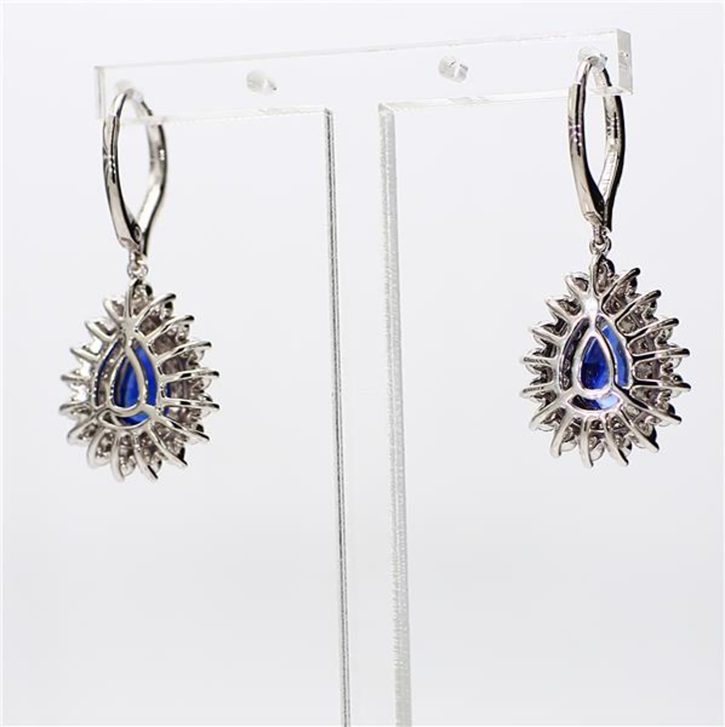 Natural Blue Pear Sapphire and White Diamond 4.40 Carat TW Gold Drop Earrings