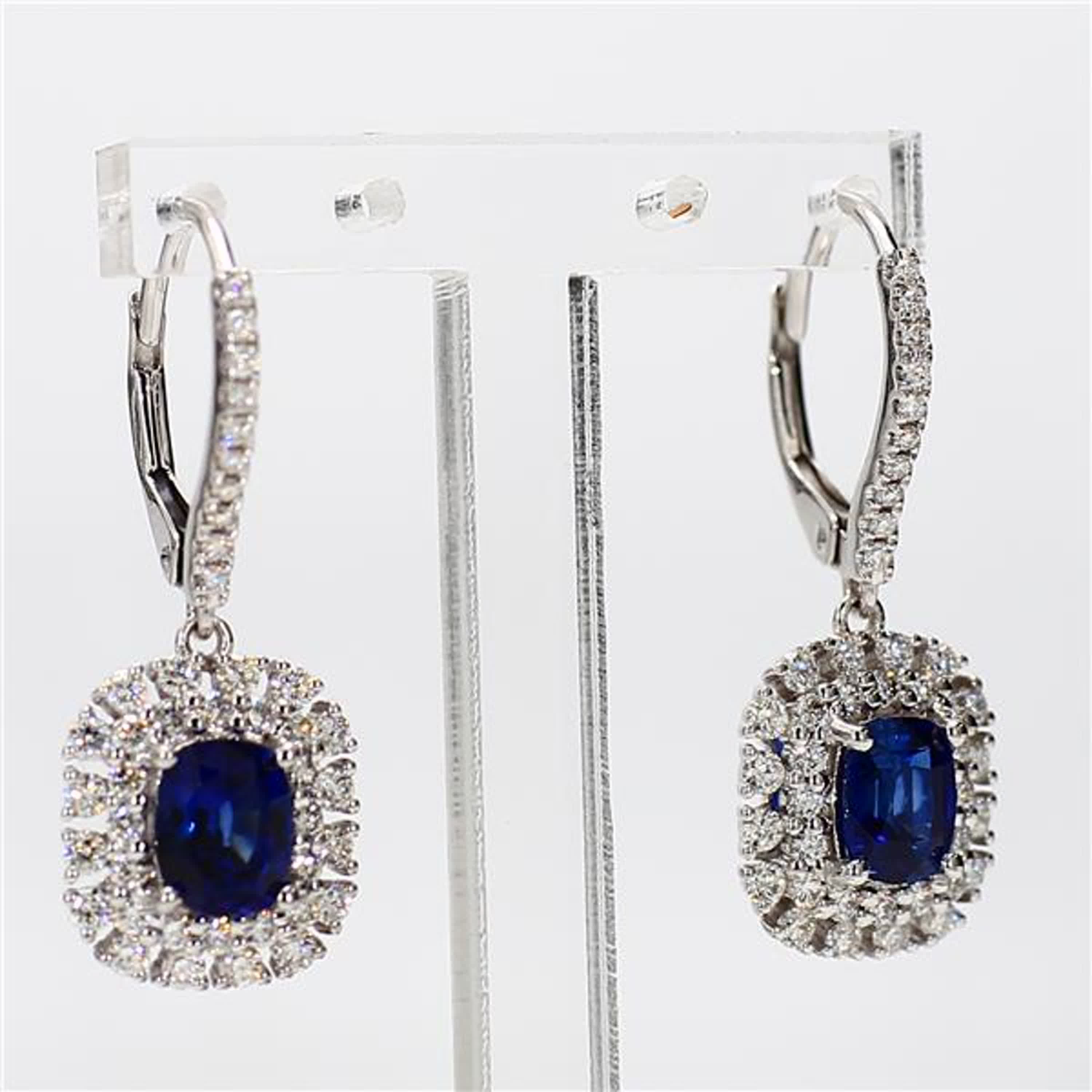 Natural Blue Cushion Sapphire and White Diamond 2.53 Carat TW Gold Drop Earrings
