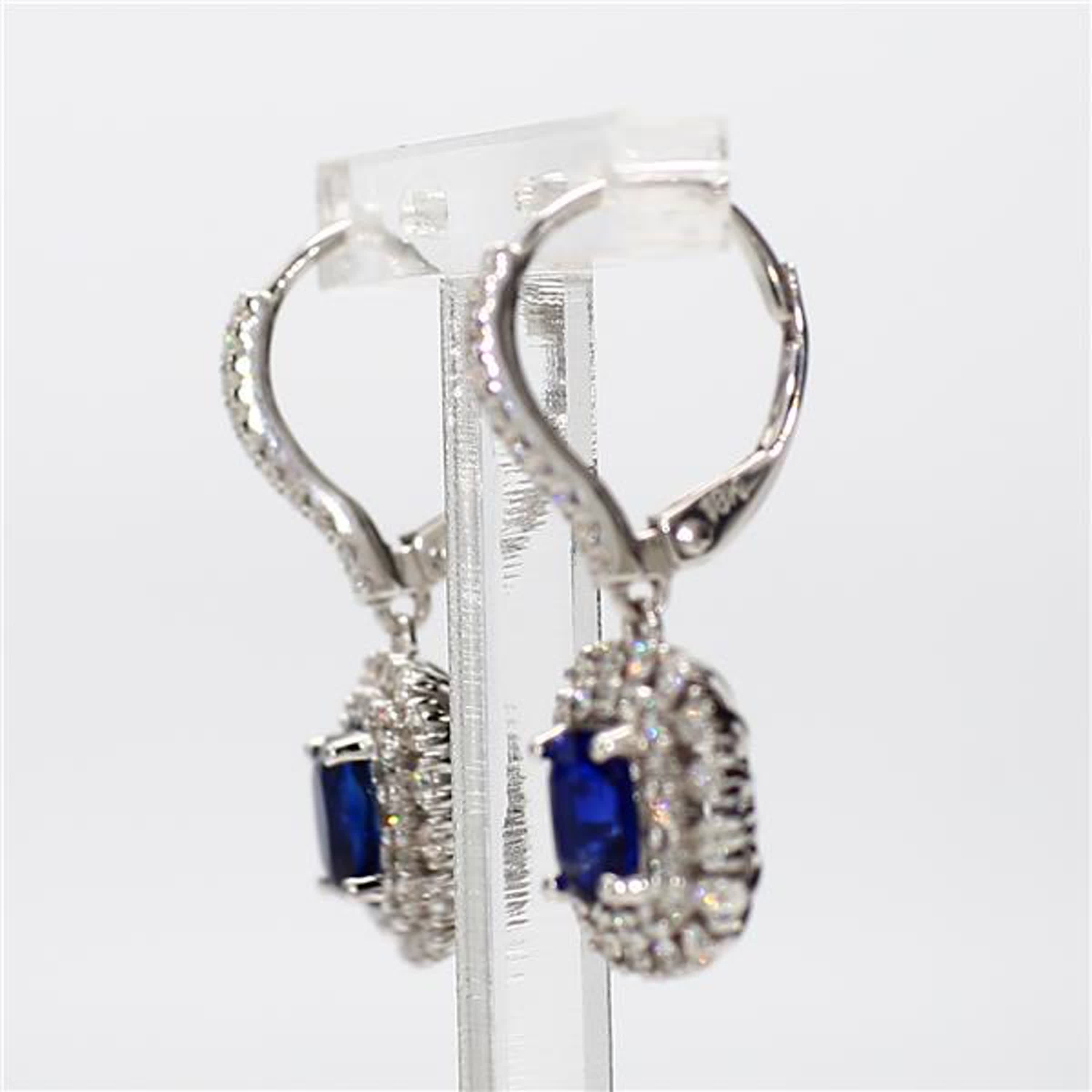 Natural Blue Cushion Sapphire and White Diamond 2.53 Carat TW Gold Drop Earrings