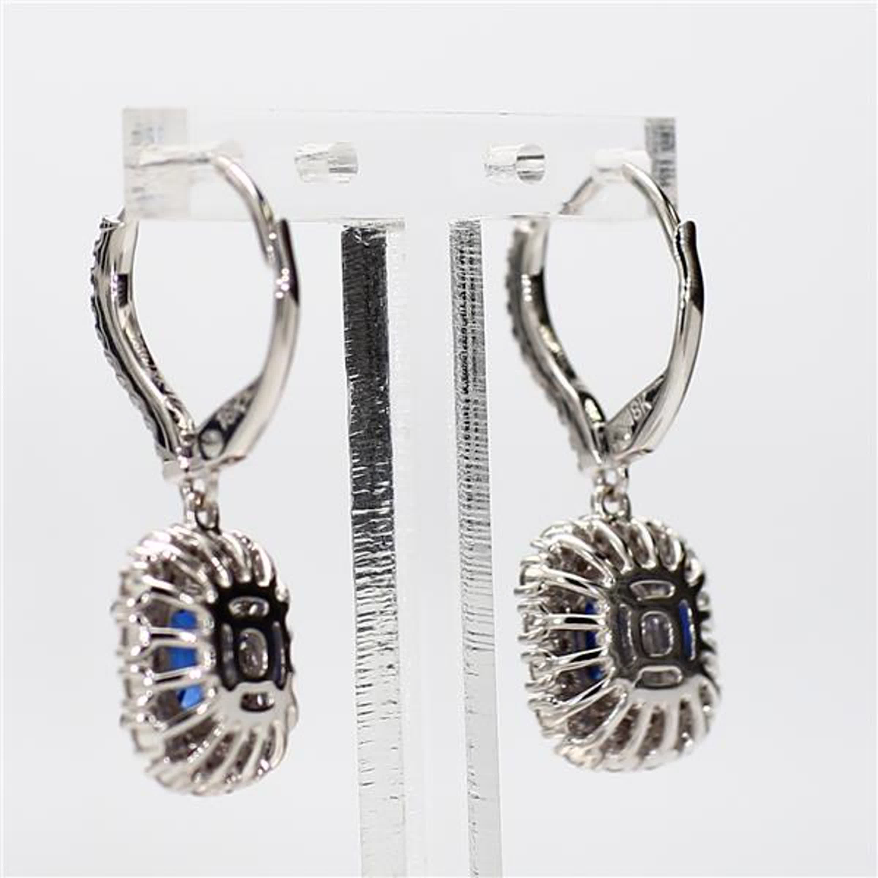 Natural Blue Cushion Sapphire and White Diamond 2.53 Carat TW Gold Drop Earrings