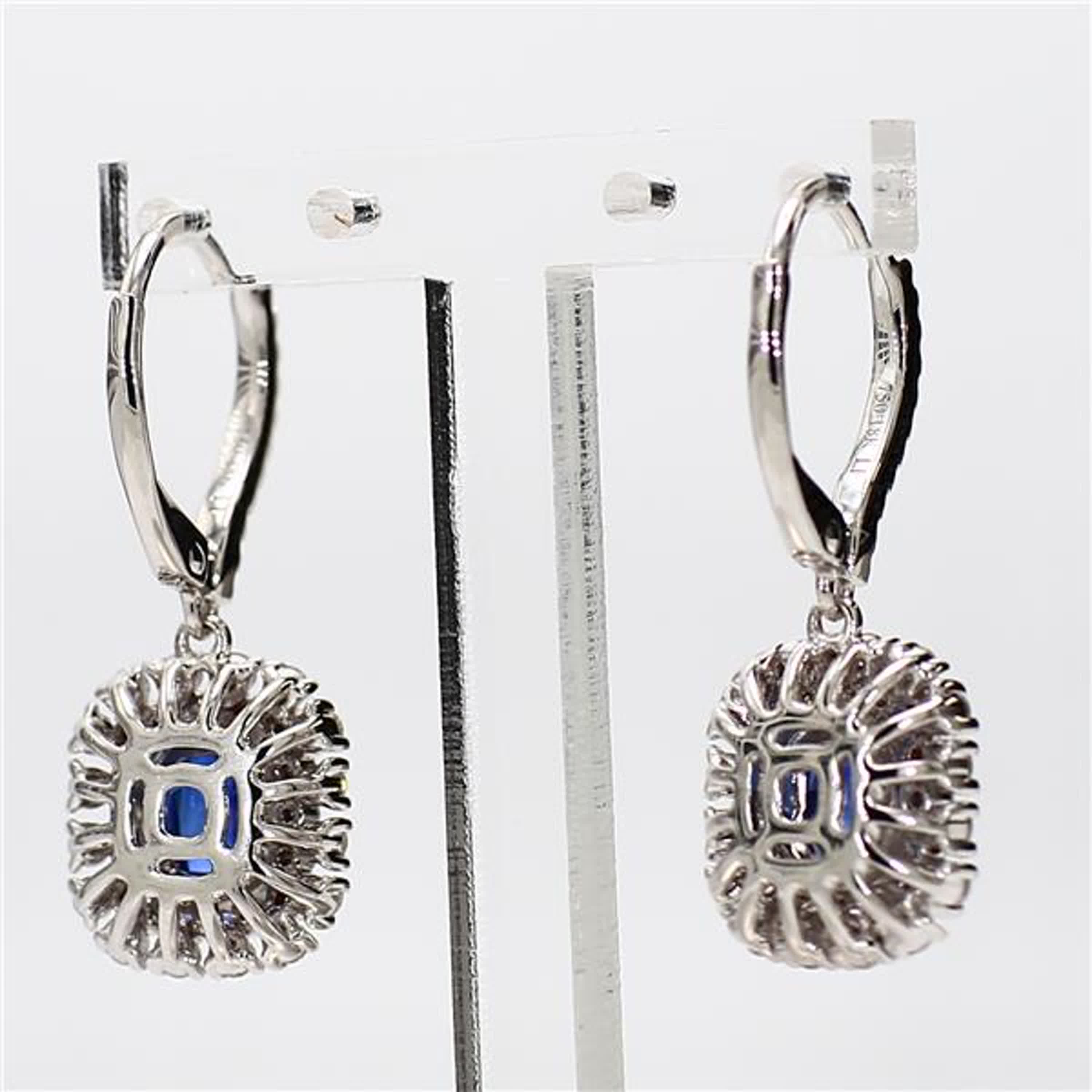 Natural Blue Cushion Sapphire and White Diamond 2.53 Carat TW Gold Drop Earrings