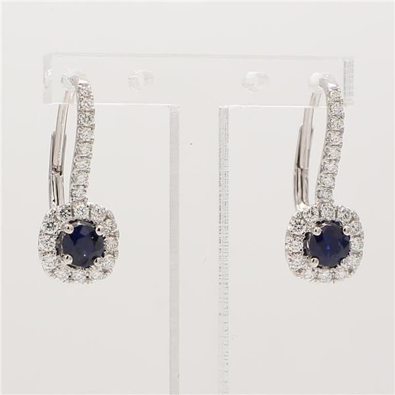Natural Blue Round Sapphire and White Diamond 1.05 Carat TW Gold Drop Earrings