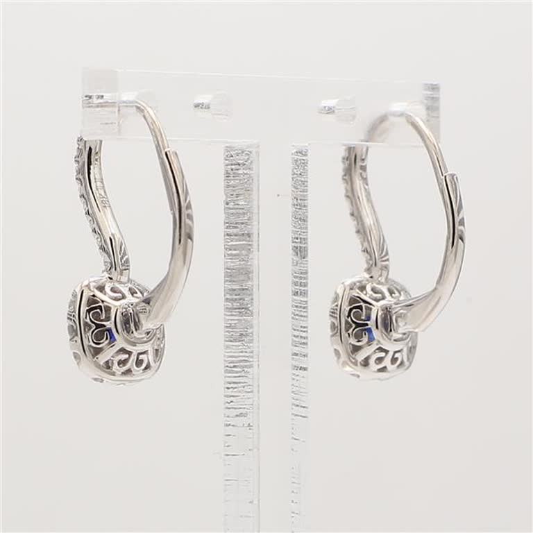 Natural Blue Round Sapphire and White Diamond 1.05 Carat TW Gold Drop Earrings