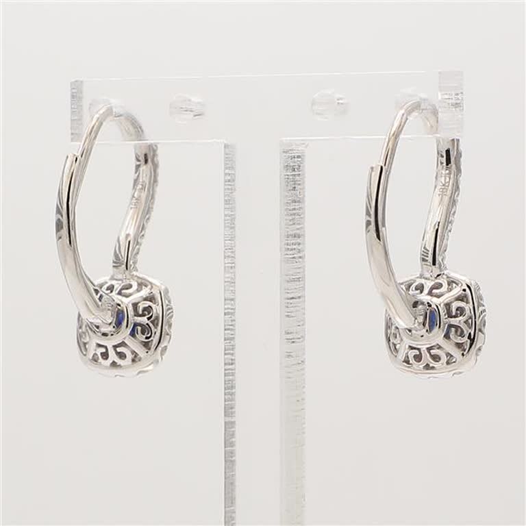 Natural Blue Round Sapphire and White Diamond 1.05 Carat TW Gold Drop Earrings