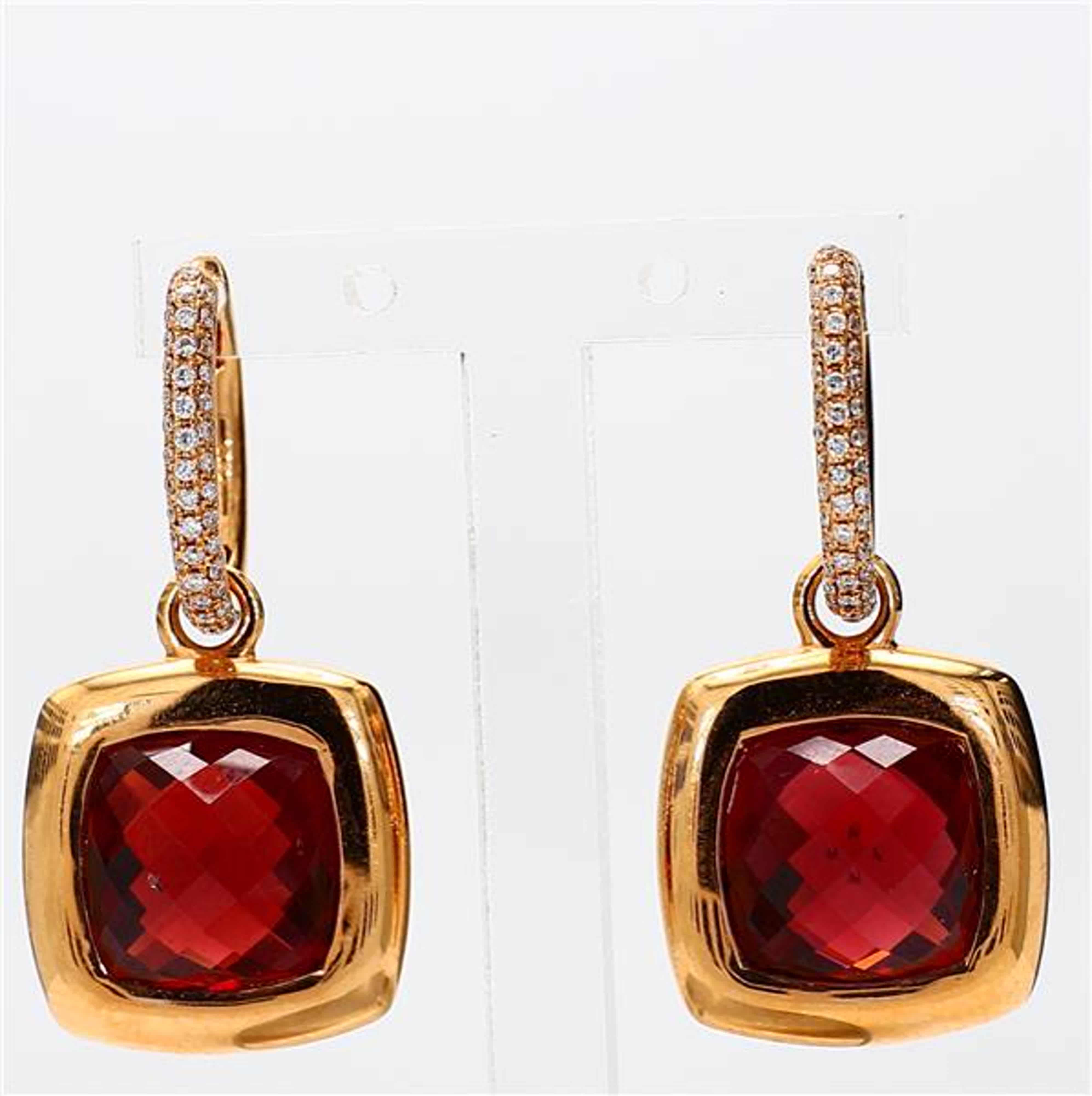 Natural Cushion Garnet and White Diamond 11.62 Carat TW Yellow Gold Drop Earrings