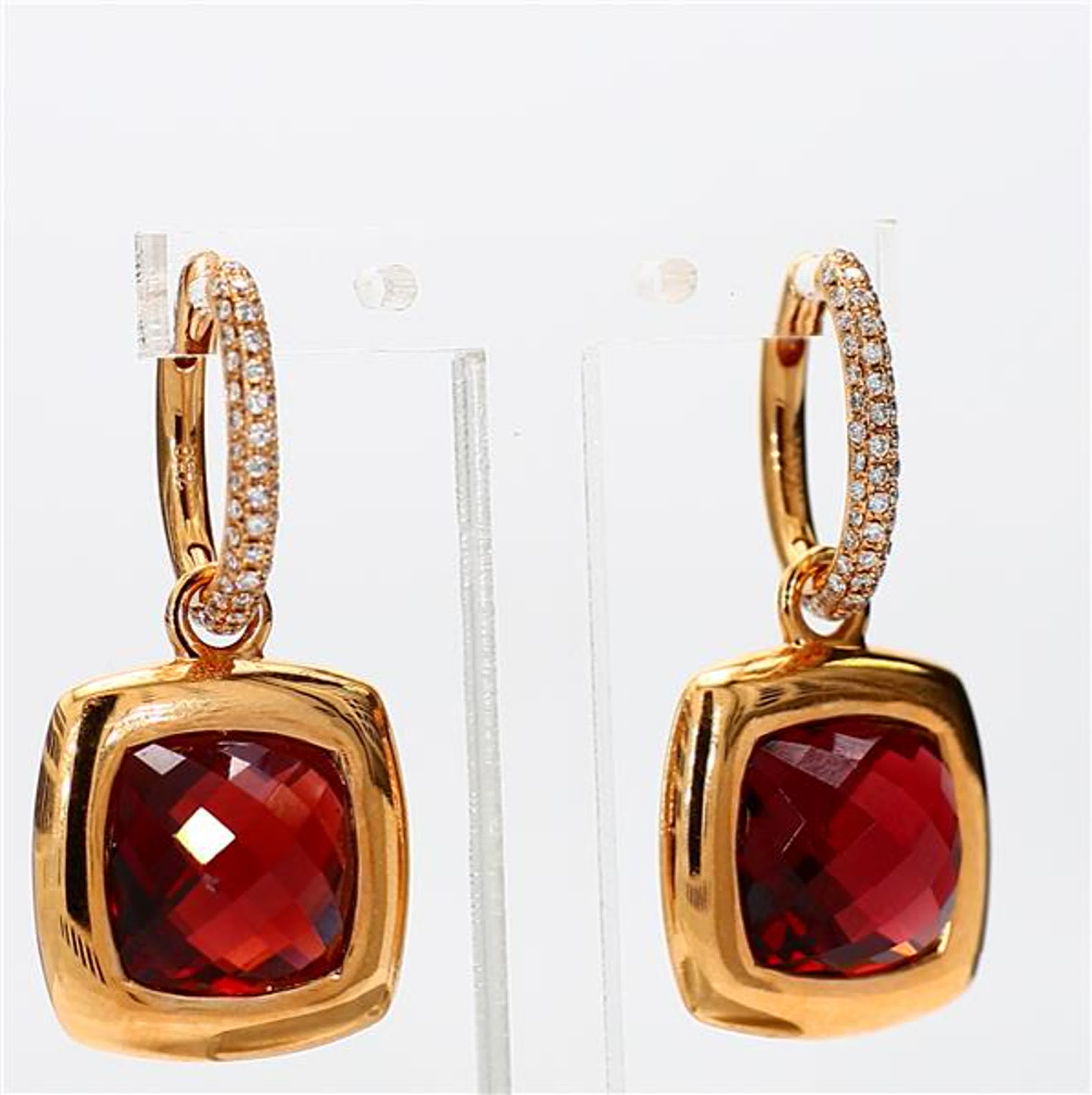 Natural Cushion Garnet and White Diamond 11.62 Carat TW Yellow Gold Drop Earrings