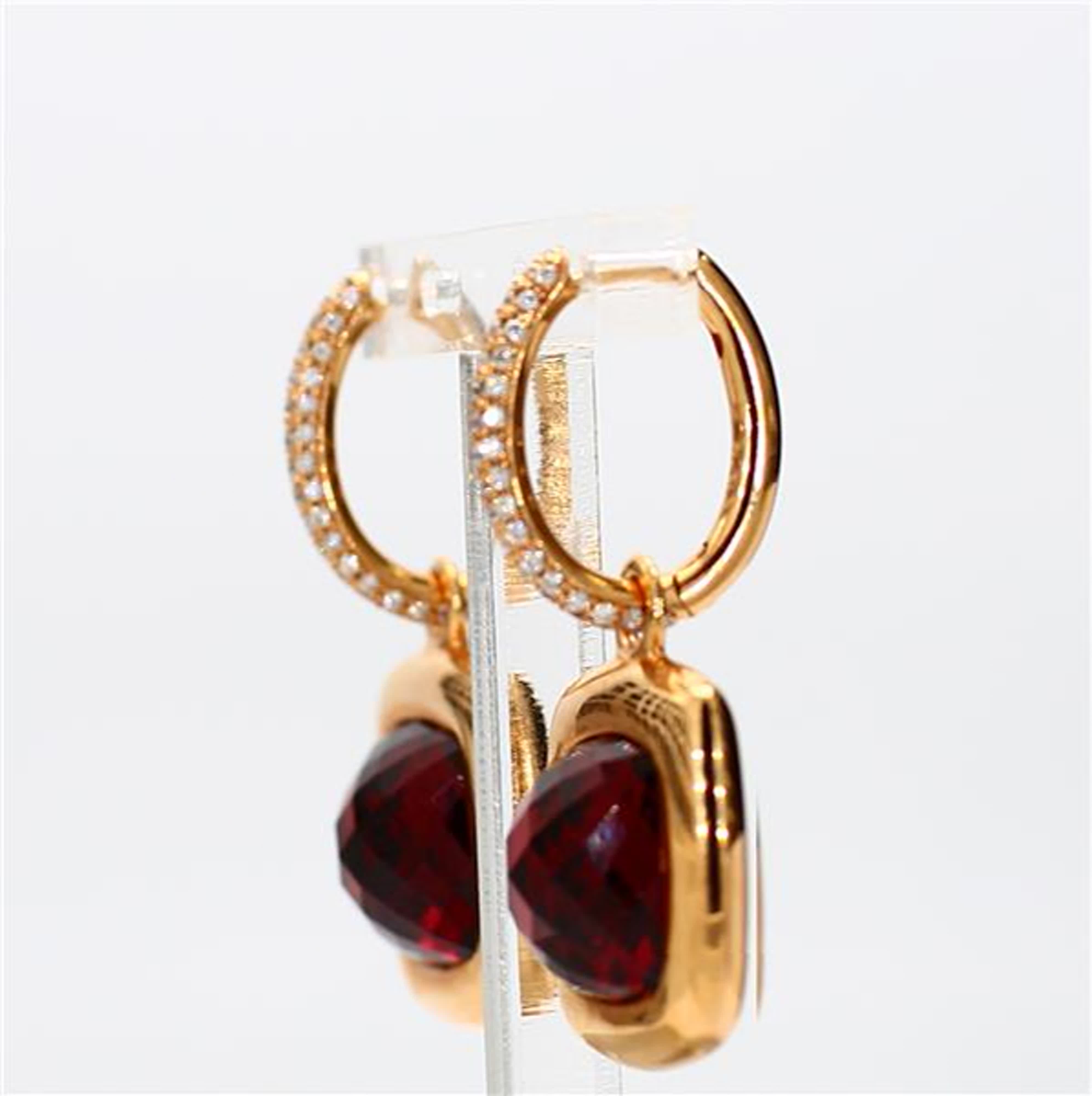 Natural Cushion Garnet and White Diamond 11.62 Carat TW Yellow Gold Drop Earrings