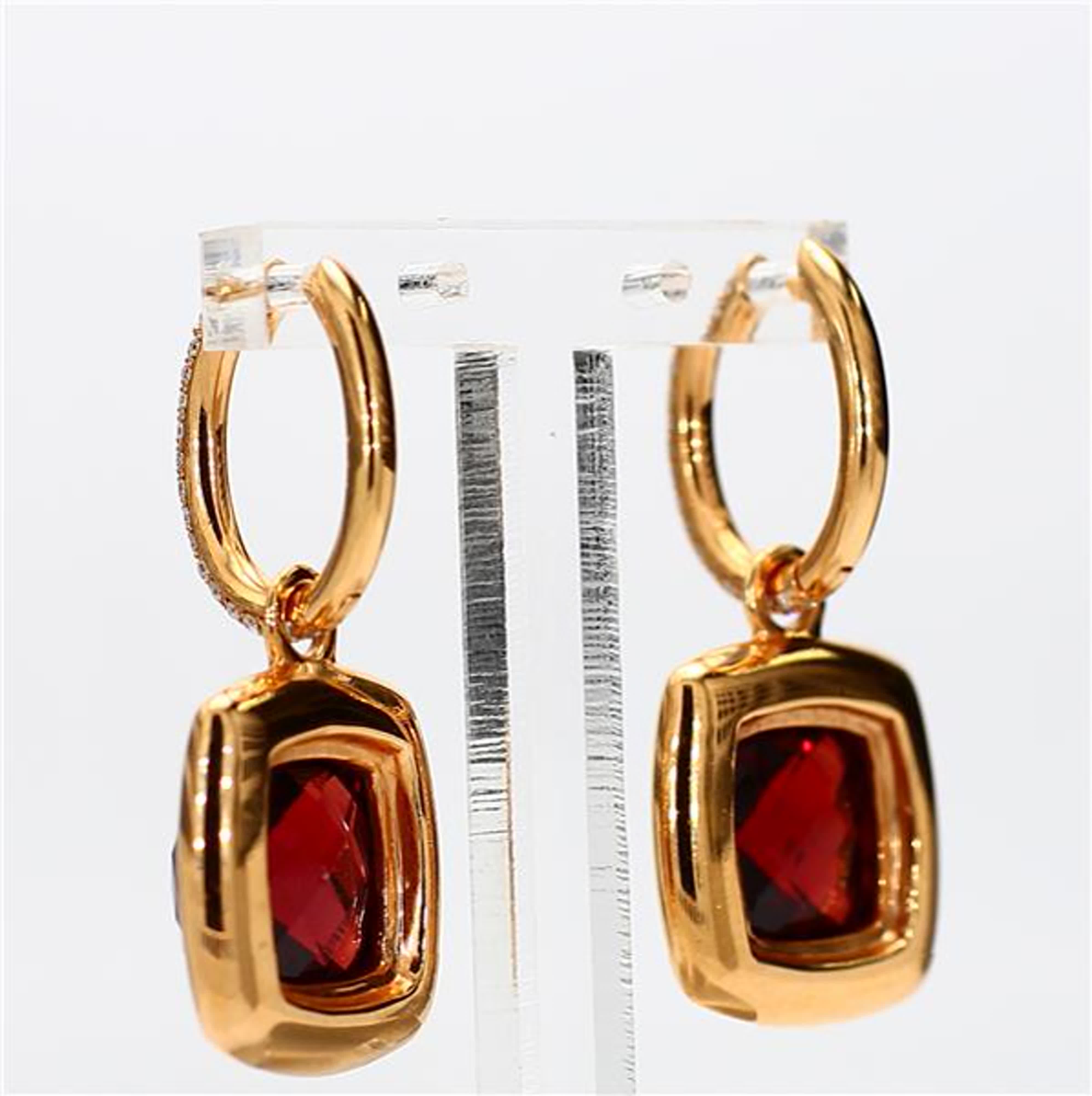 Natural Cushion Garnet and White Diamond 11.62 Carat TW Yellow Gold Drop Earrings