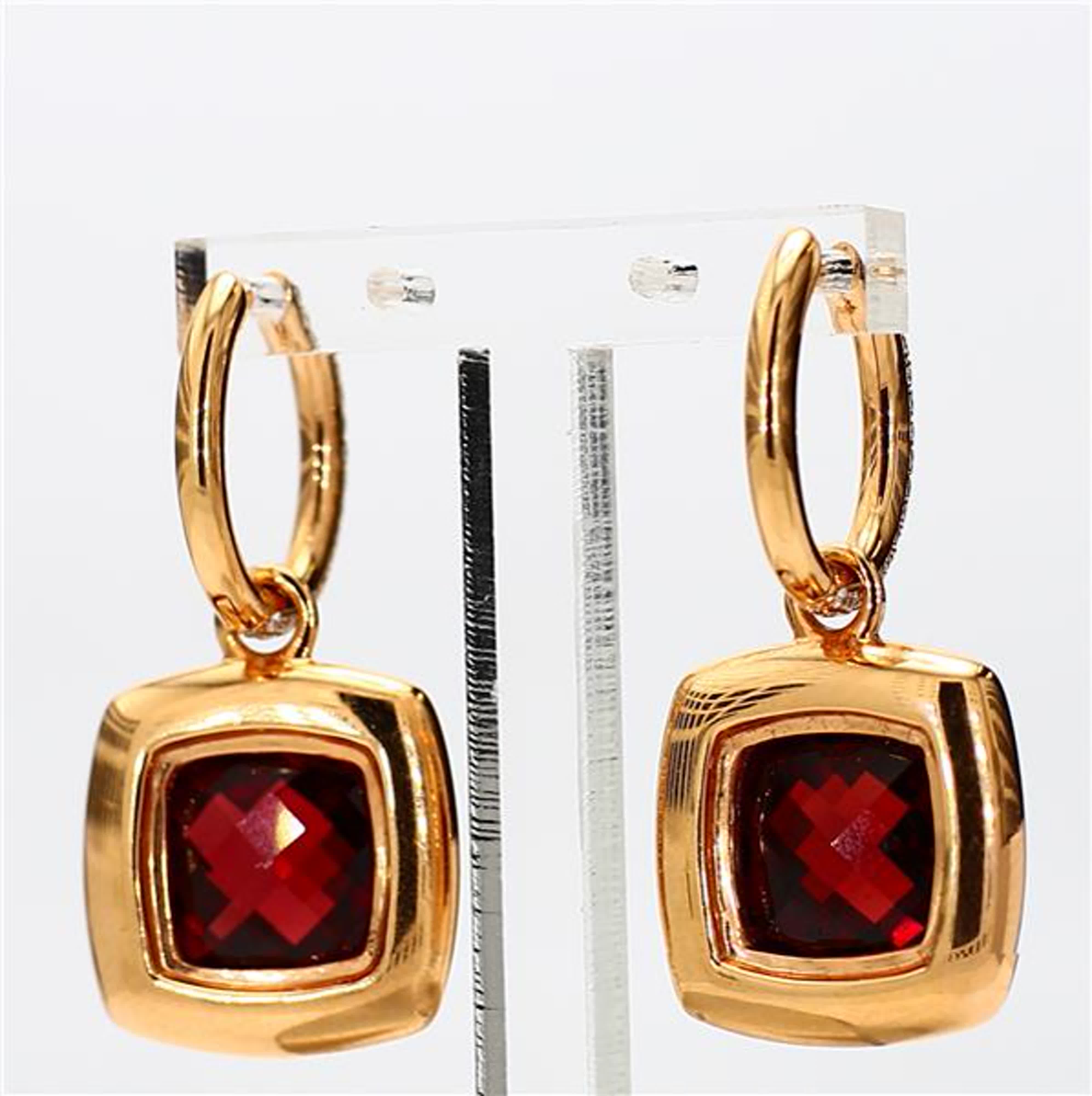 Natural Cushion Garnet and White Diamond 11.62 Carat TW Yellow Gold Drop Earrings