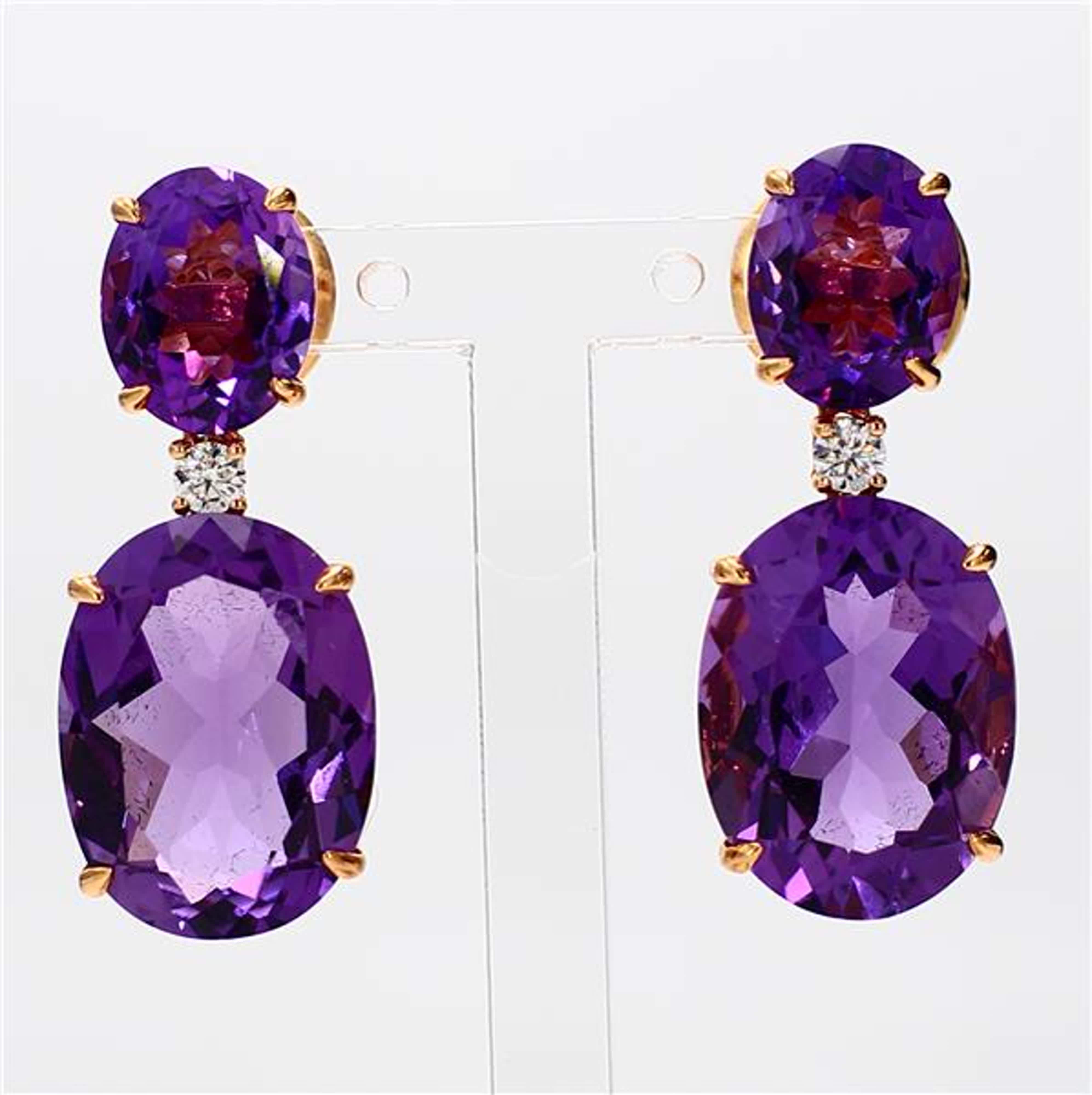 Natural Oval Amethyst and White Diamond 21.61 Carat TW Yellow Gold Drop Earrings
