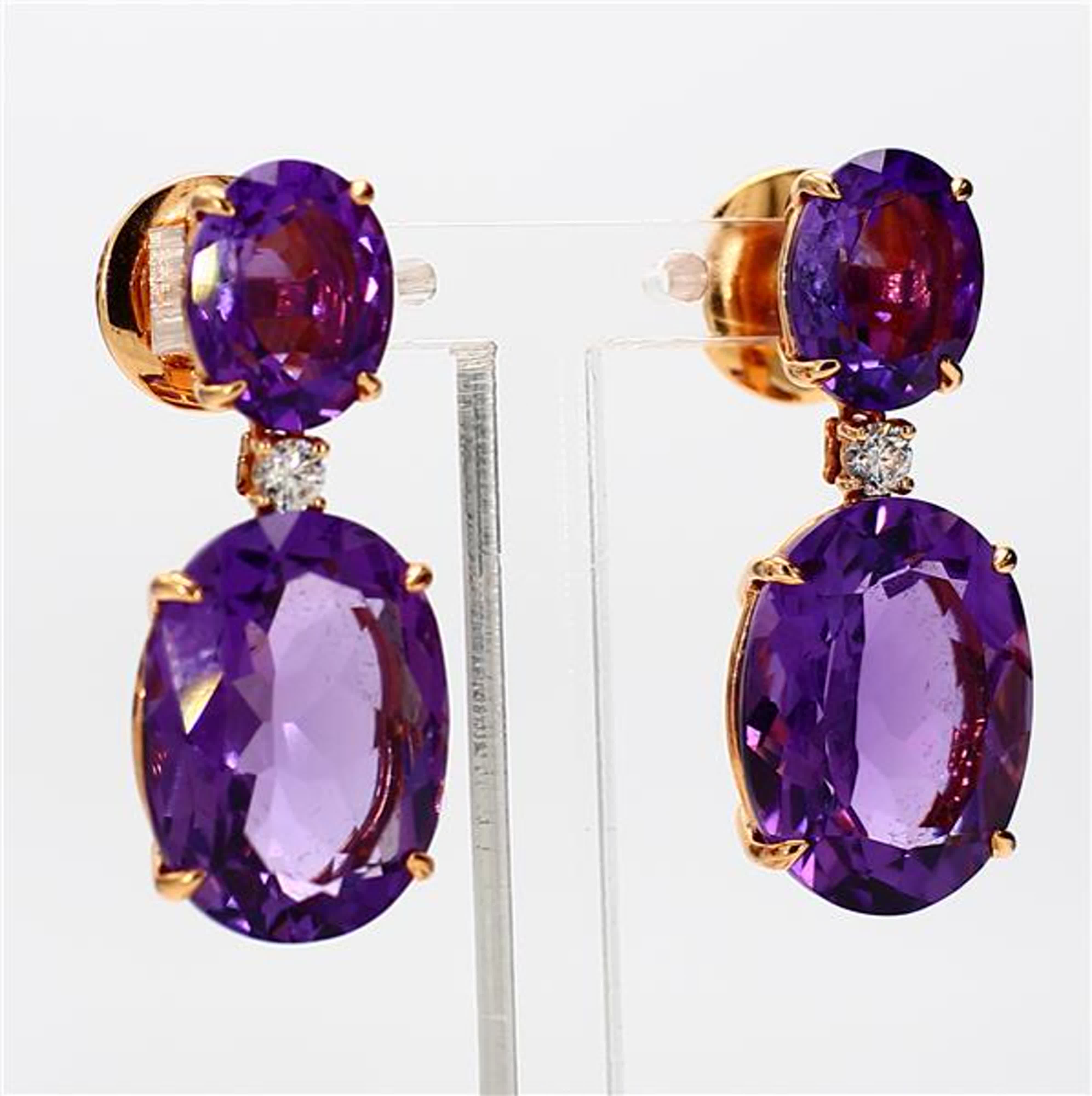 Natural Oval Amethyst and White Diamond 21.61 Carat TW Yellow Gold Drop Earrings