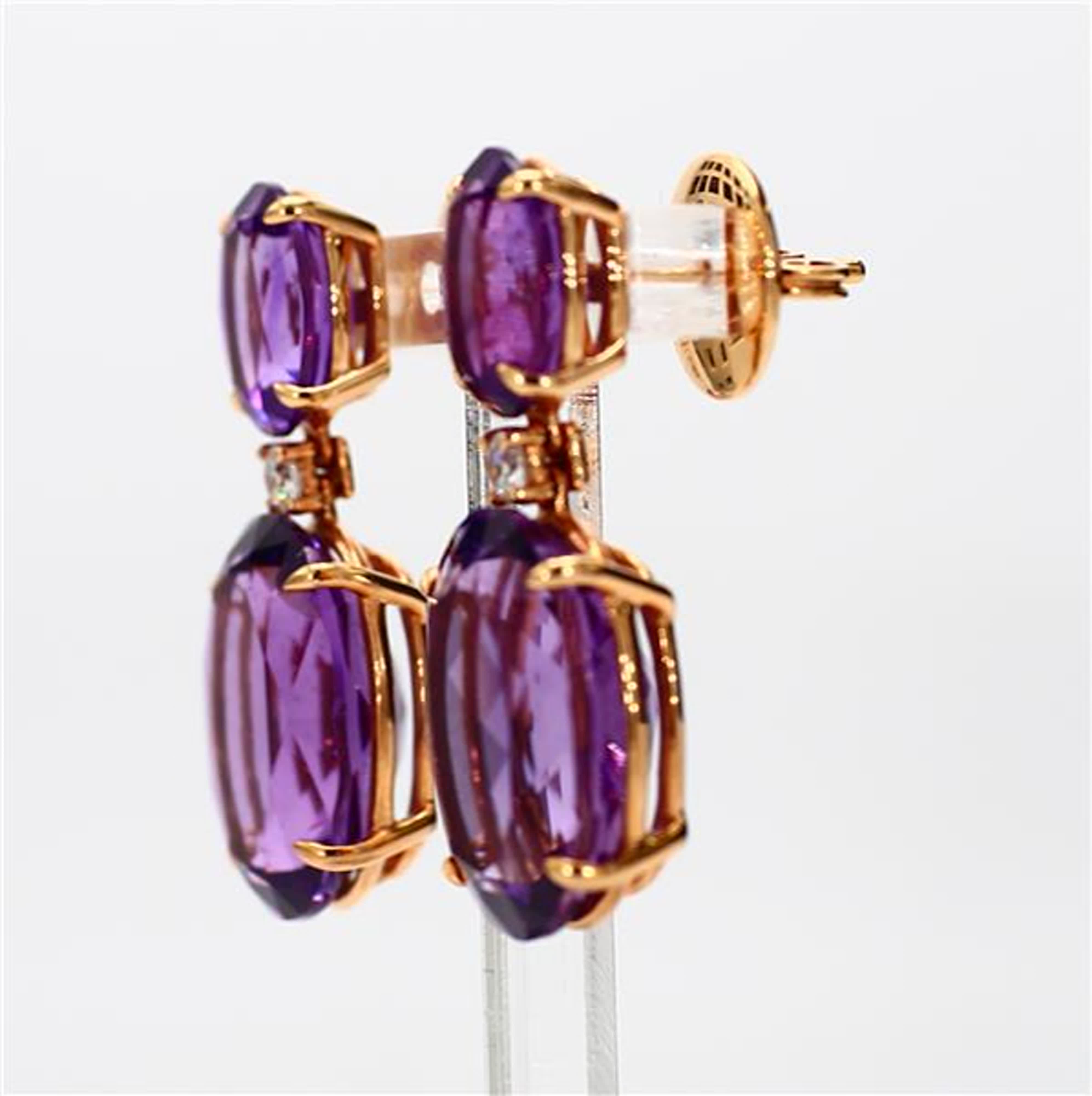 Natural Oval Amethyst and White Diamond 21.61 Carat TW Yellow Gold Drop Earrings