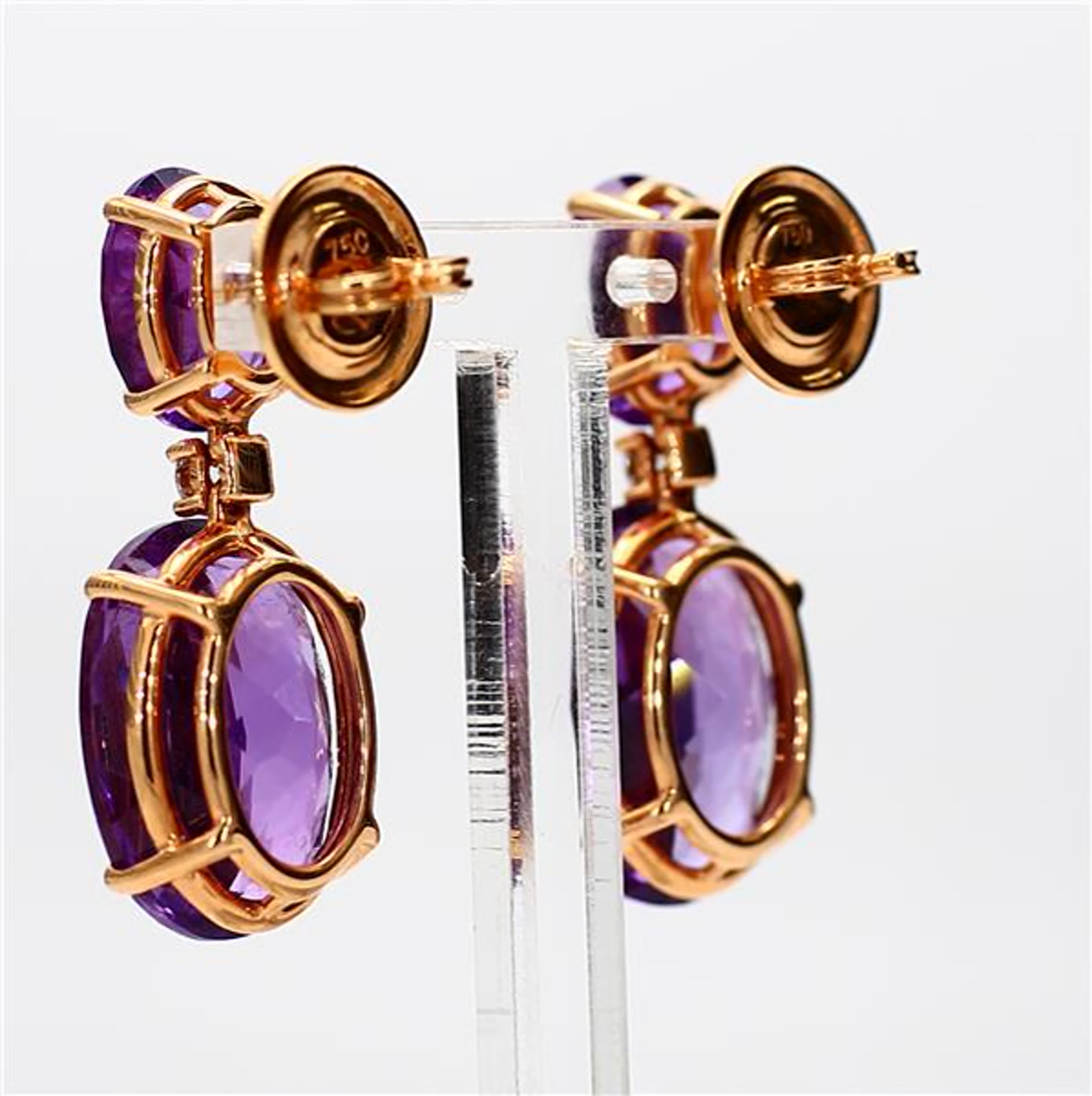 Natural Oval Amethyst and White Diamond 21.61 Carat TW Yellow Gold Drop Earrings