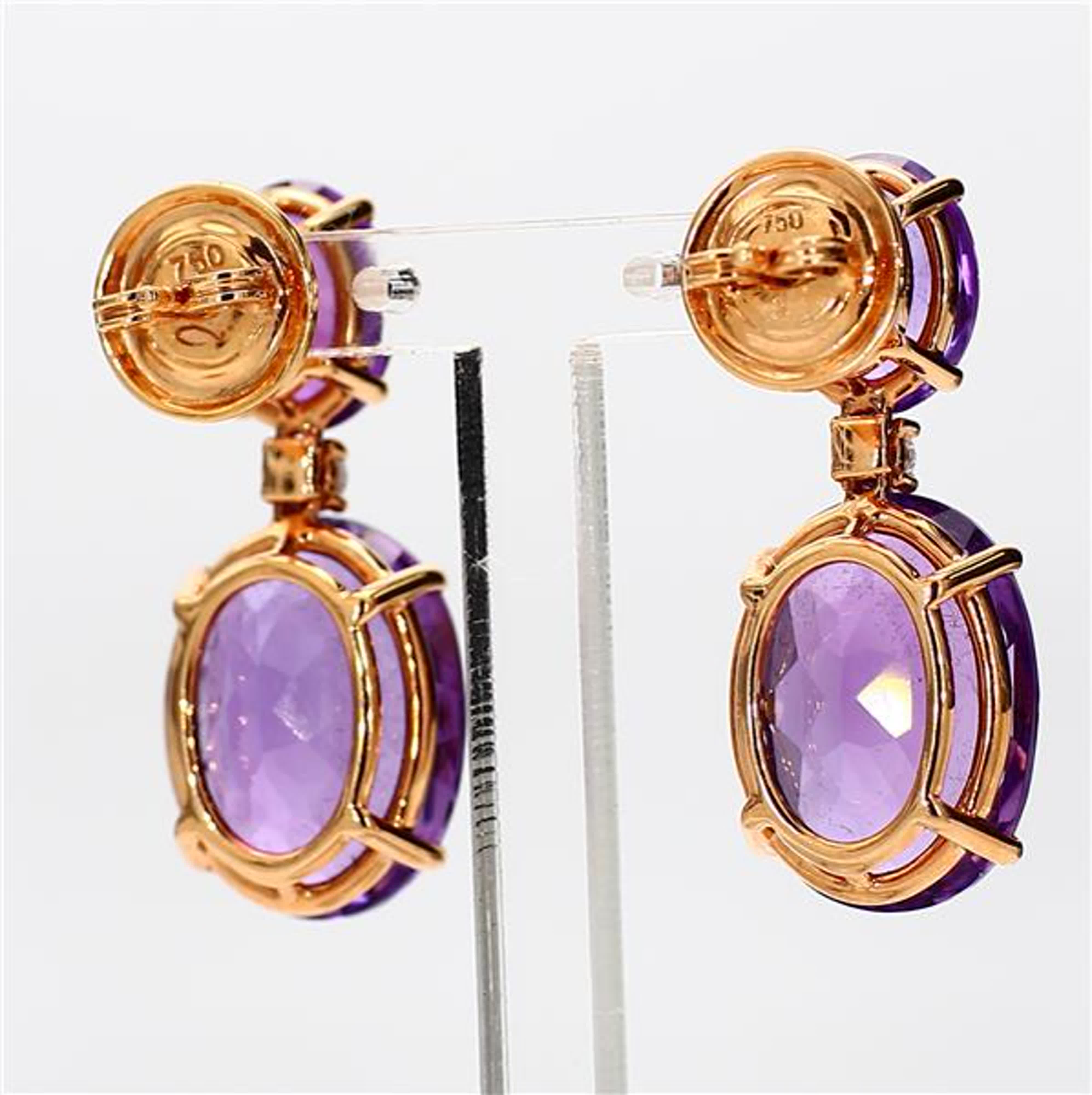 Natural Oval Amethyst and White Diamond 21.61 Carat TW Yellow Gold Drop Earrings