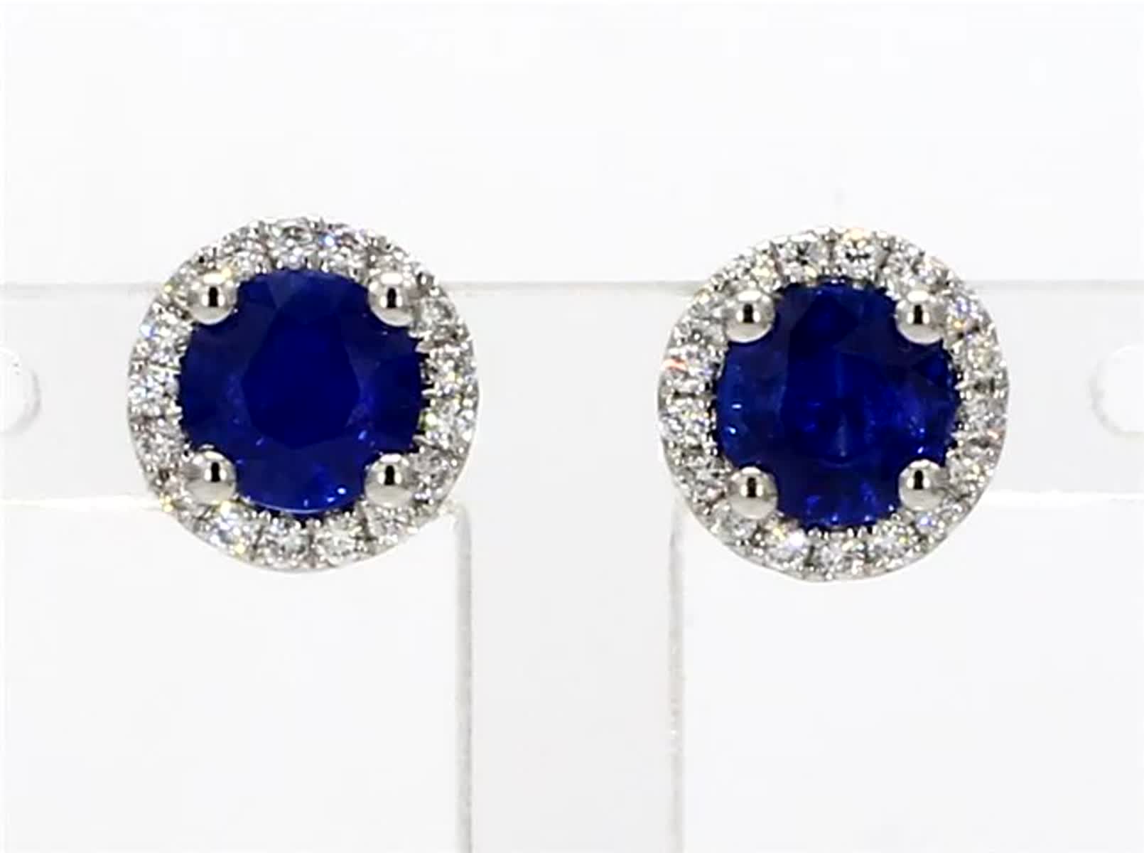Natural Blue Round Sapphire and White Diamond 1.34 Carat TW Gold Stud Earrings