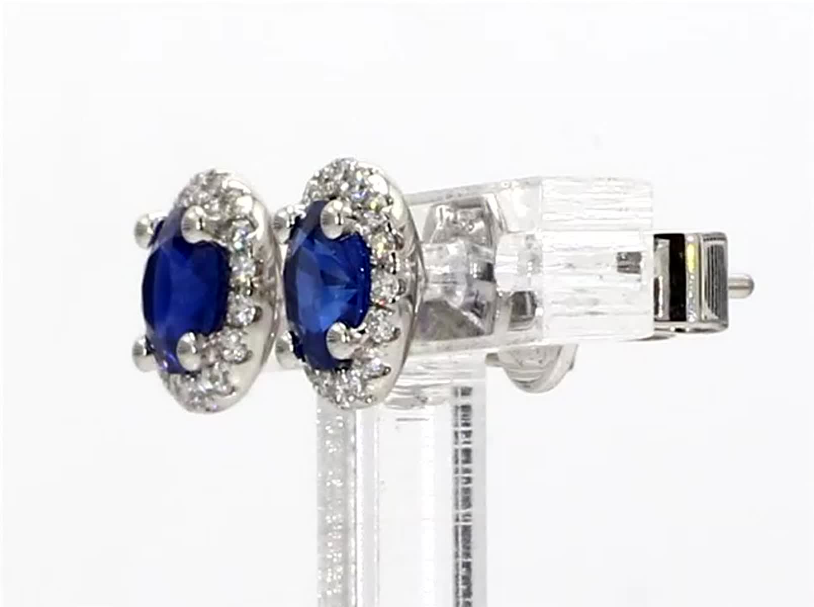 Natural Blue Round Sapphire and White Diamond 1.34 Carat TW Gold Stud Earrings