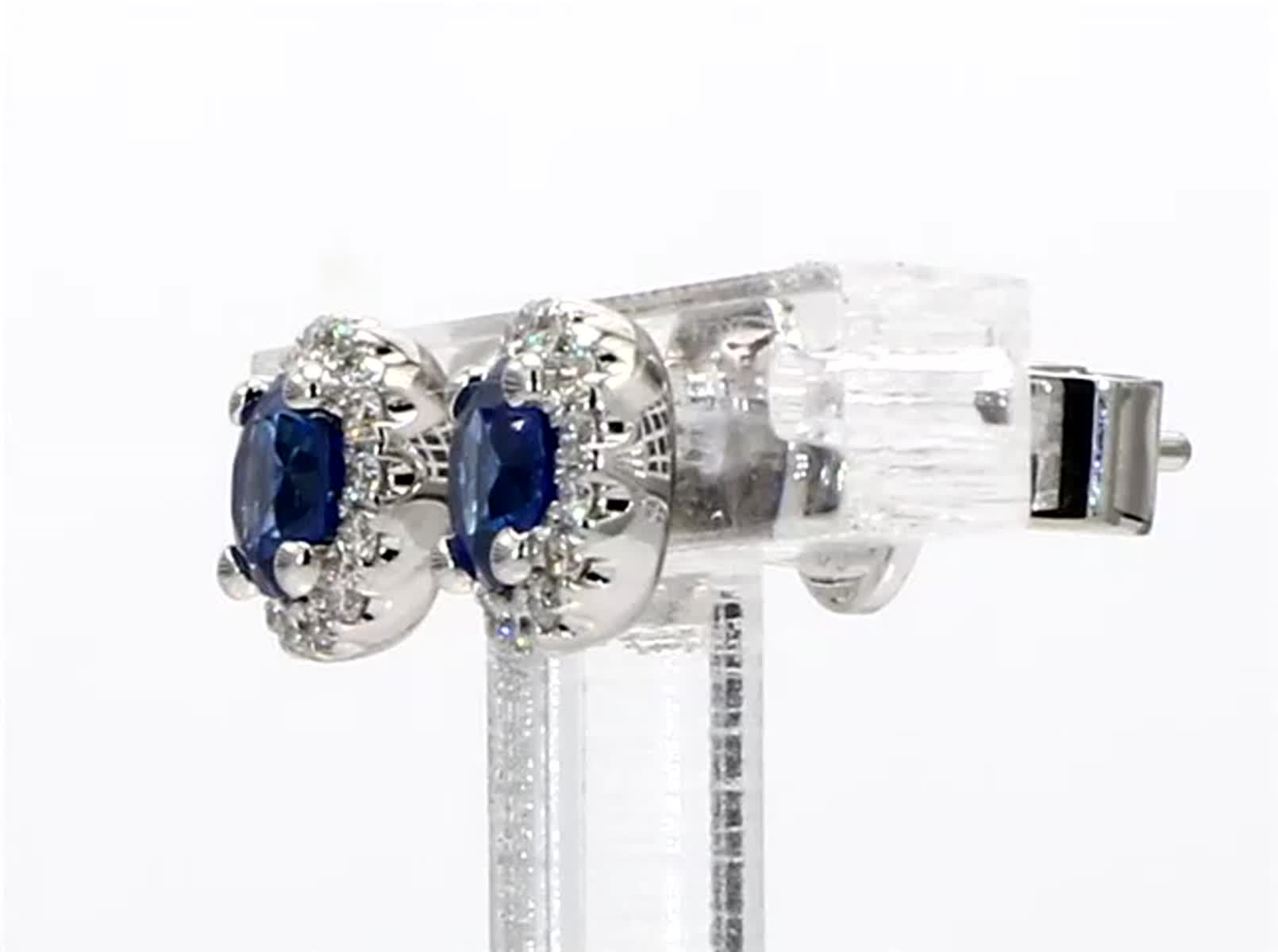 Natural Blue Round Sapphire and White Diamond .96 Carat TW Gold Stud Earrings