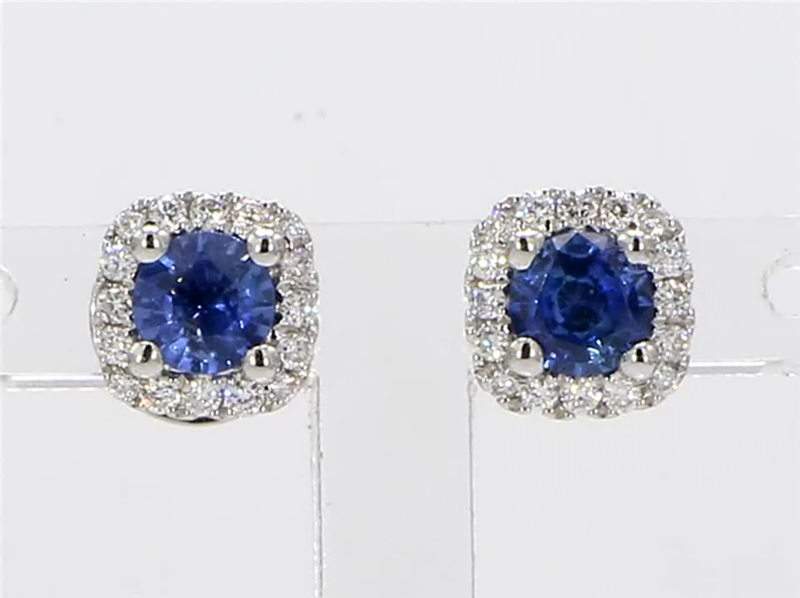 Natural Blue Round Sapphire and White Diamond .89 Carat TW Gold Stud Earrings