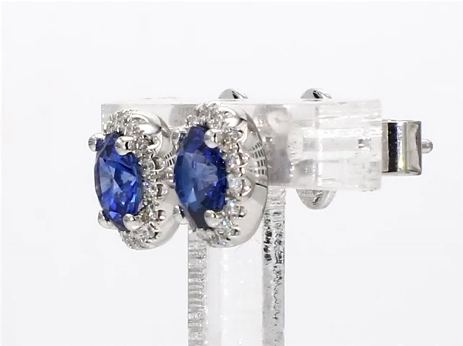 Natural Blue Round Sapphire and White Diamond 1.65 Carat TW Gold Stud Earrings