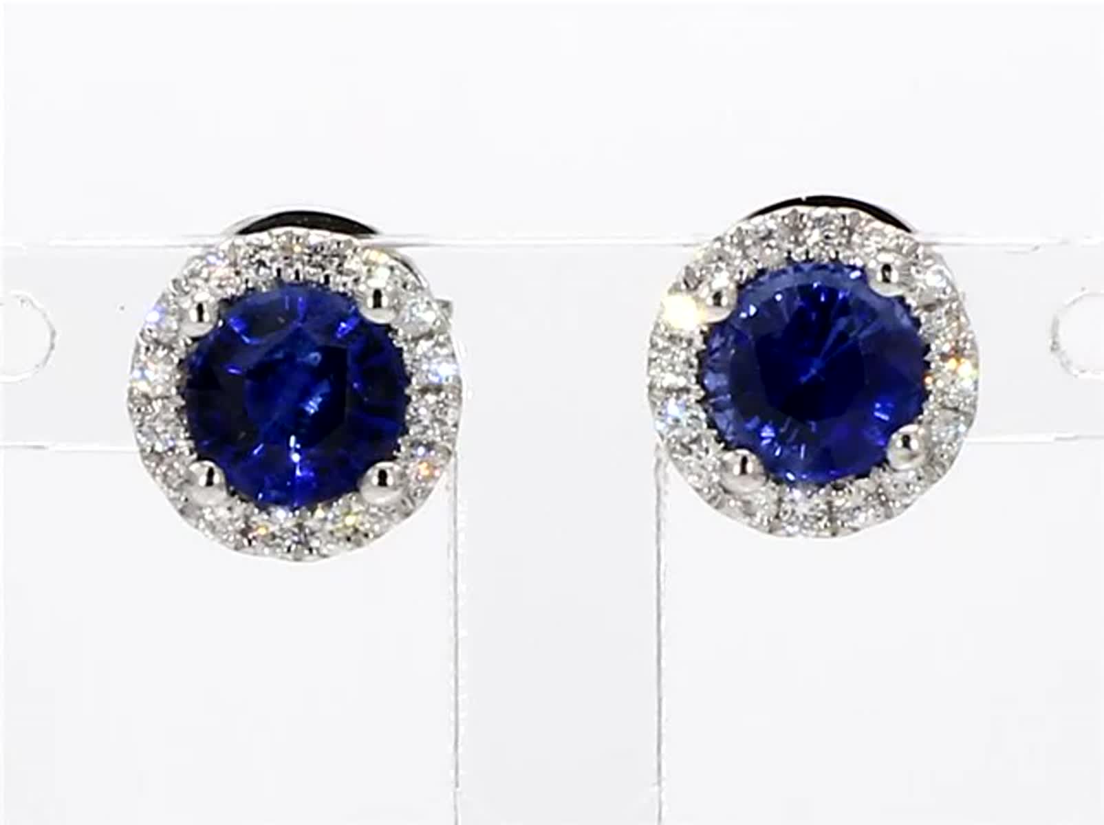 Natural Blue Round Sapphire and White Diamond 1.39 Carat TW Gold Stud Earrings