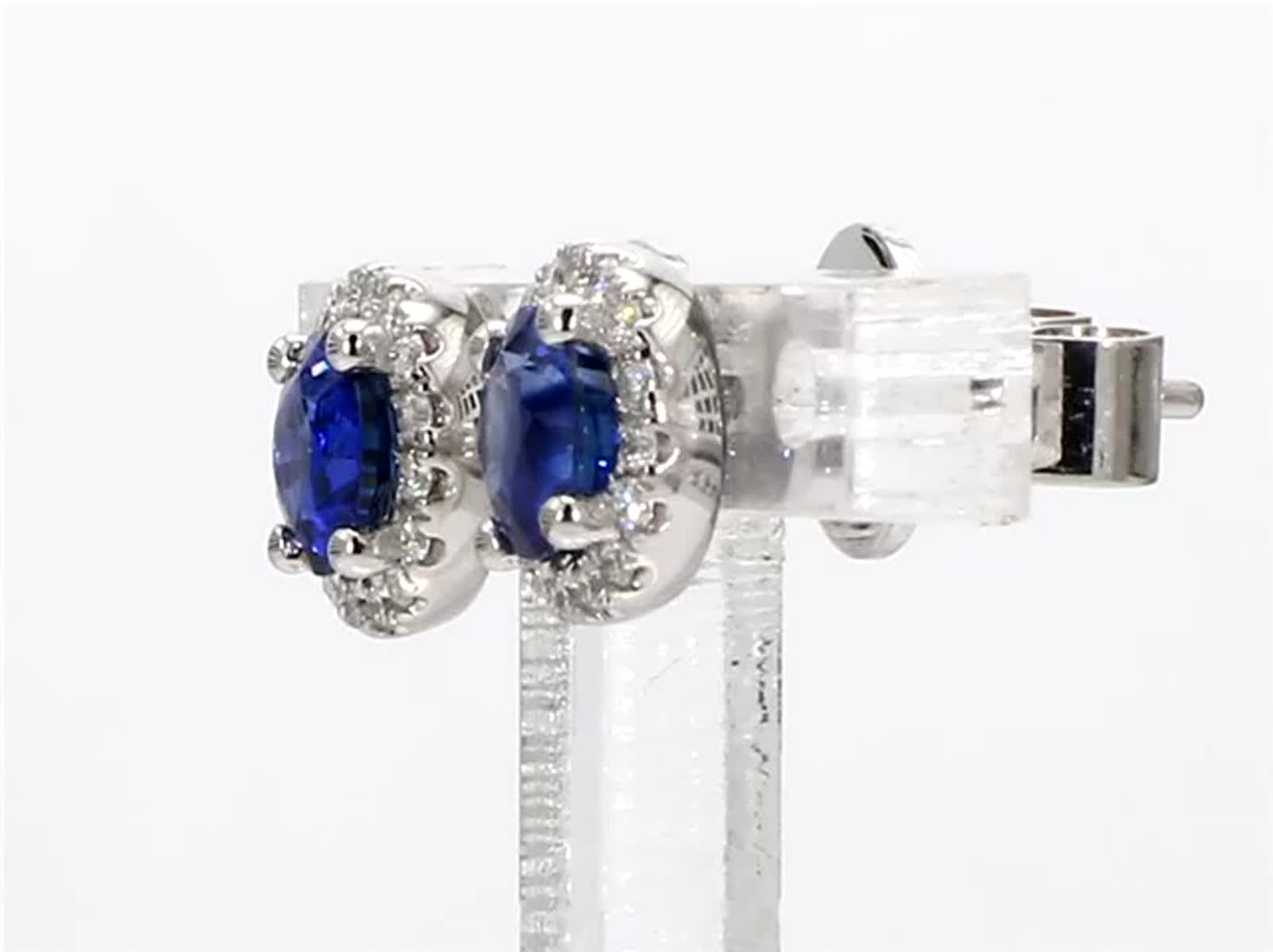 Natural Blue Round Sapphire and White Diamond 1.39 Carat TW Gold Stud Earrings