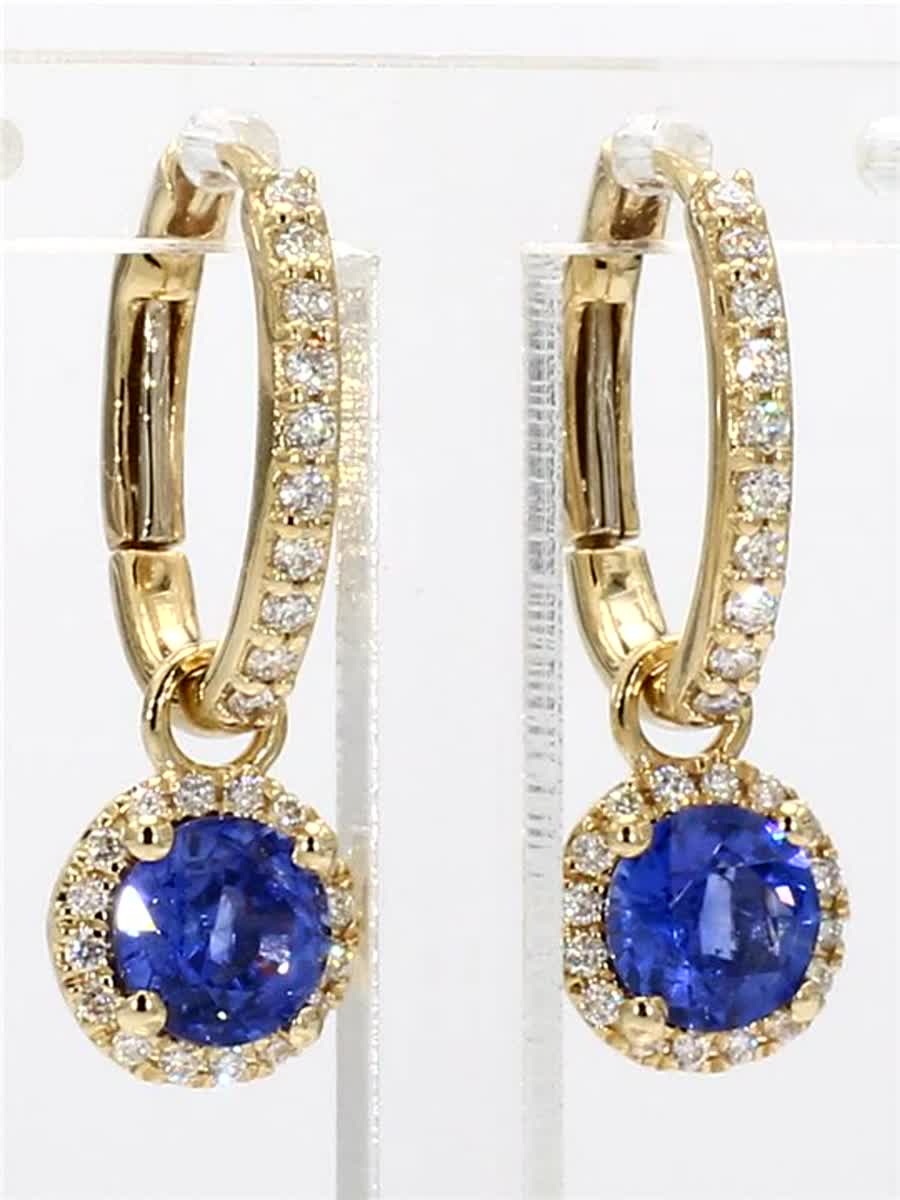 Natural Blue Round Sapphire and White Diamond 2.12 Carat TW Gold Drop Earrings