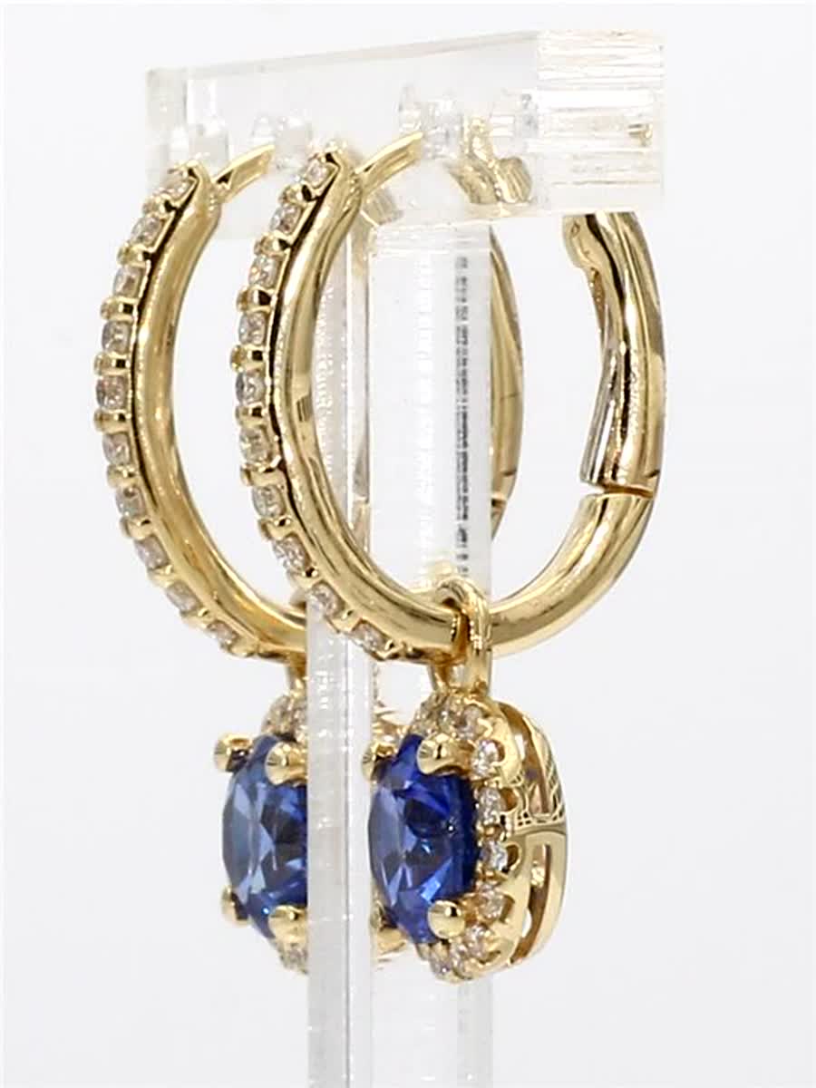 Natural Blue Round Sapphire and White Diamond 2.12 Carat TW Gold Drop Earrings