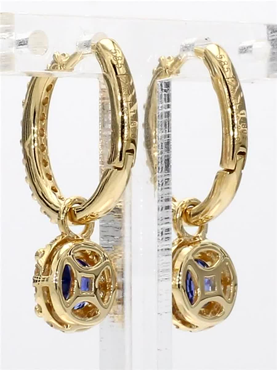 Natural Blue Round Sapphire and White Diamond 2.12 Carat TW Gold Drop Earrings