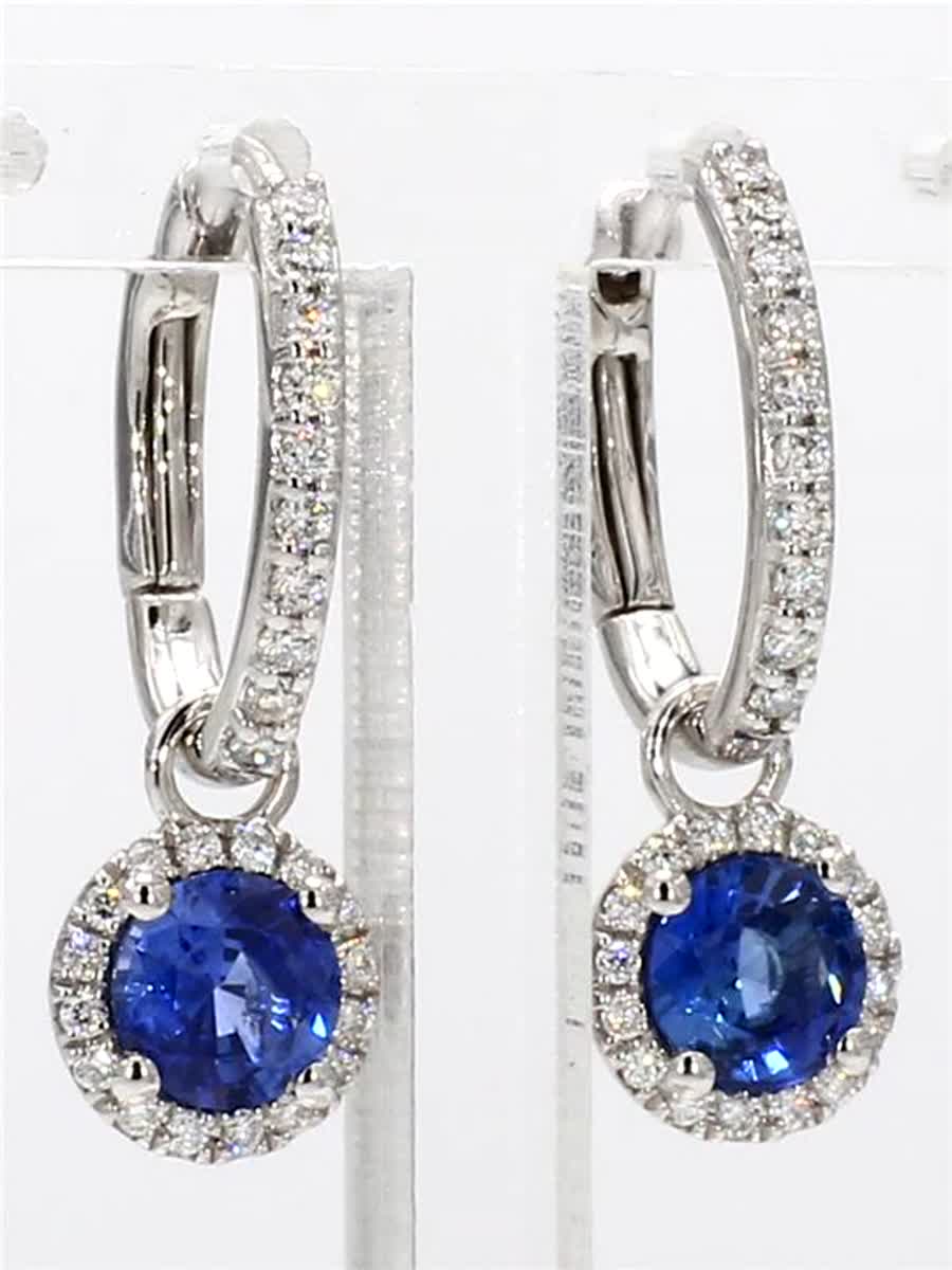 Natural Blue Round Sapphire and White Diamond 2.02 Carat TW Gold Drop Earrings