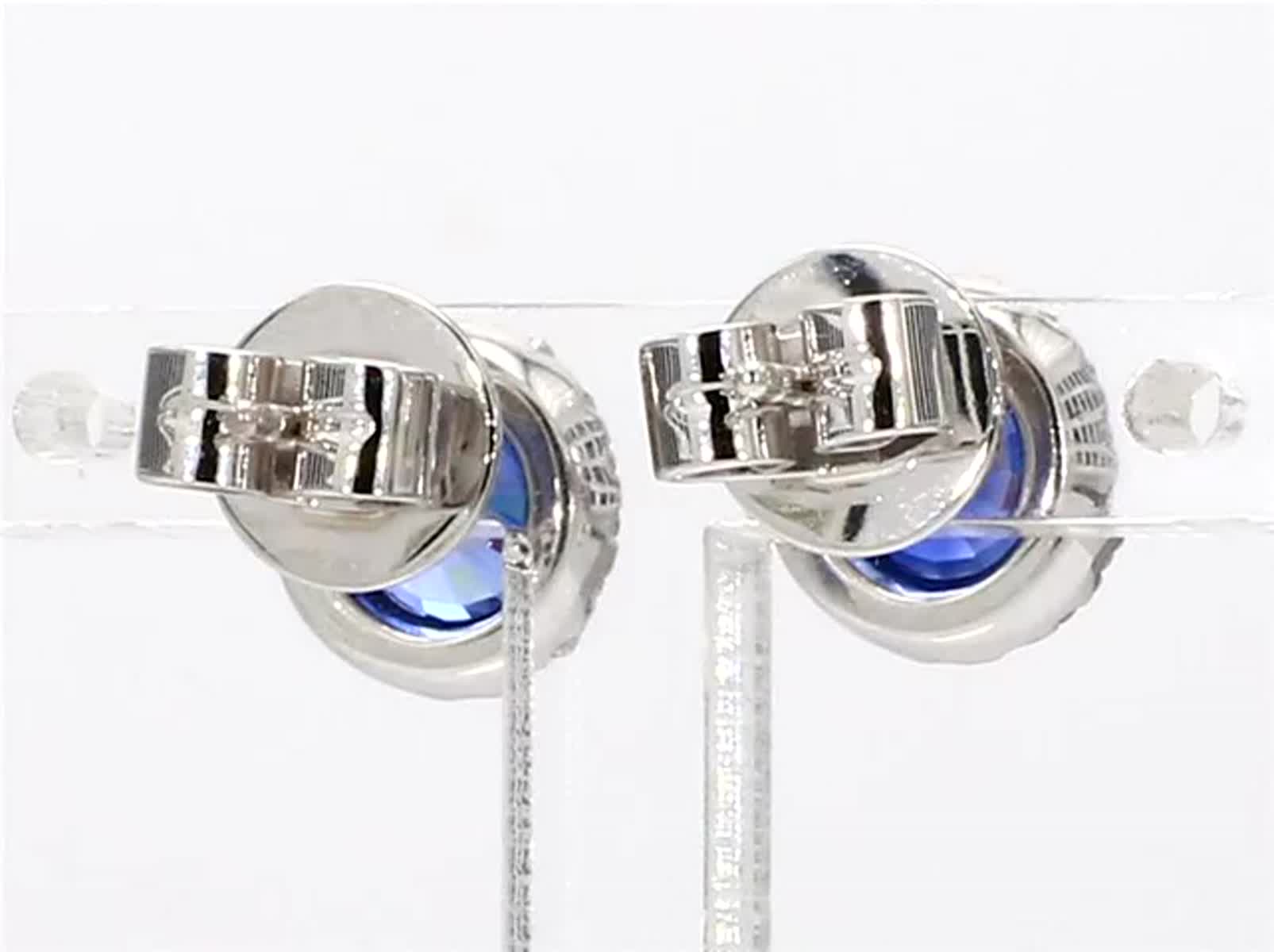 Natural Blue Round Sapphire and White Diamond 2.21 Carat TW Gold Stud Earrings