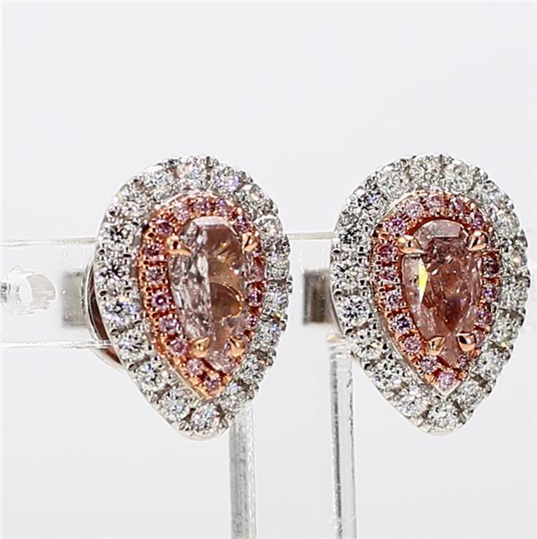GIA Certified Natural Pink Pear and White Diamond 1.26 Carat TW Gold Earrings