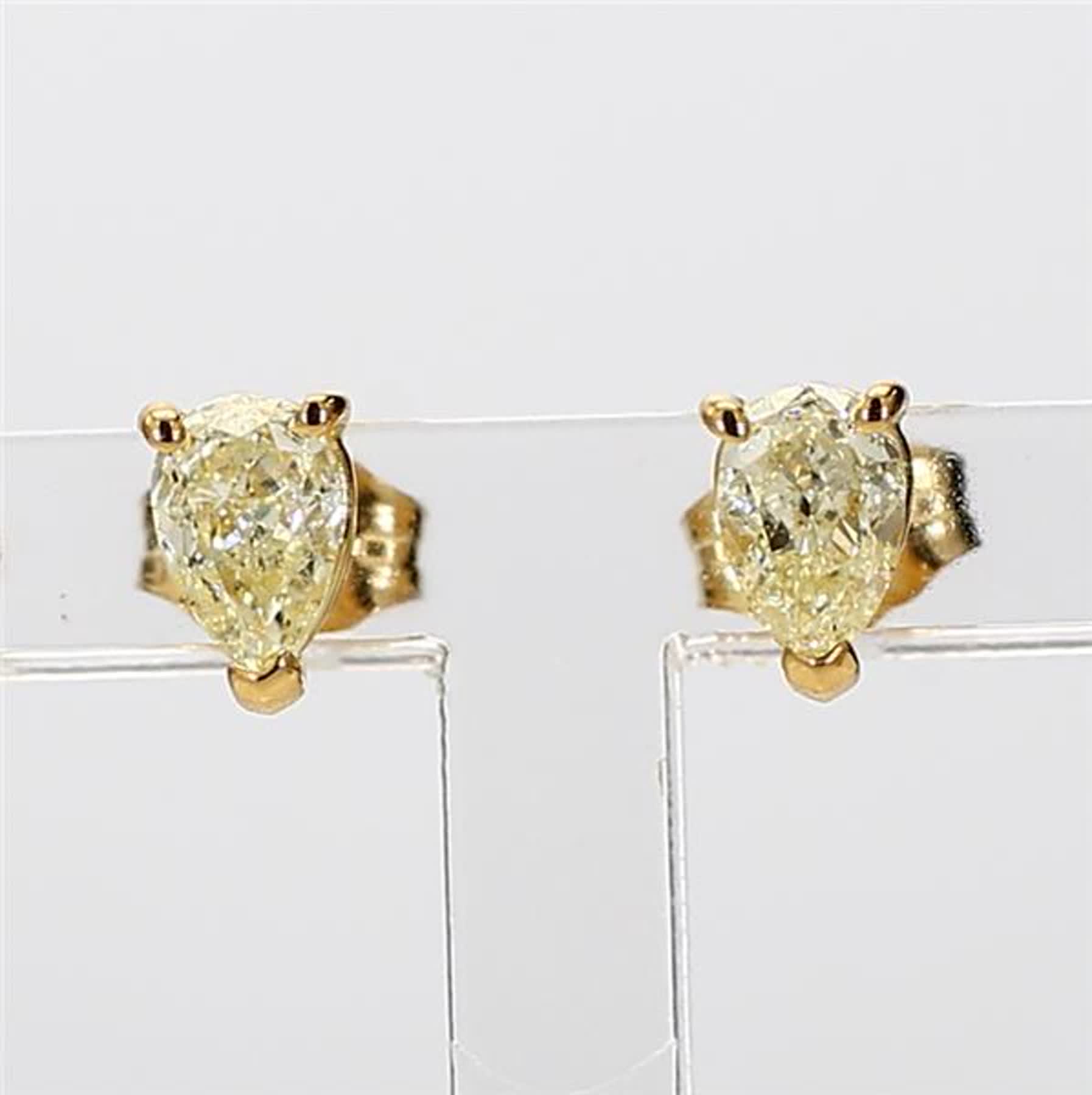 Natural Yellow Pear Diamond .84 Carat TW Yellow Gold Stud Earrings