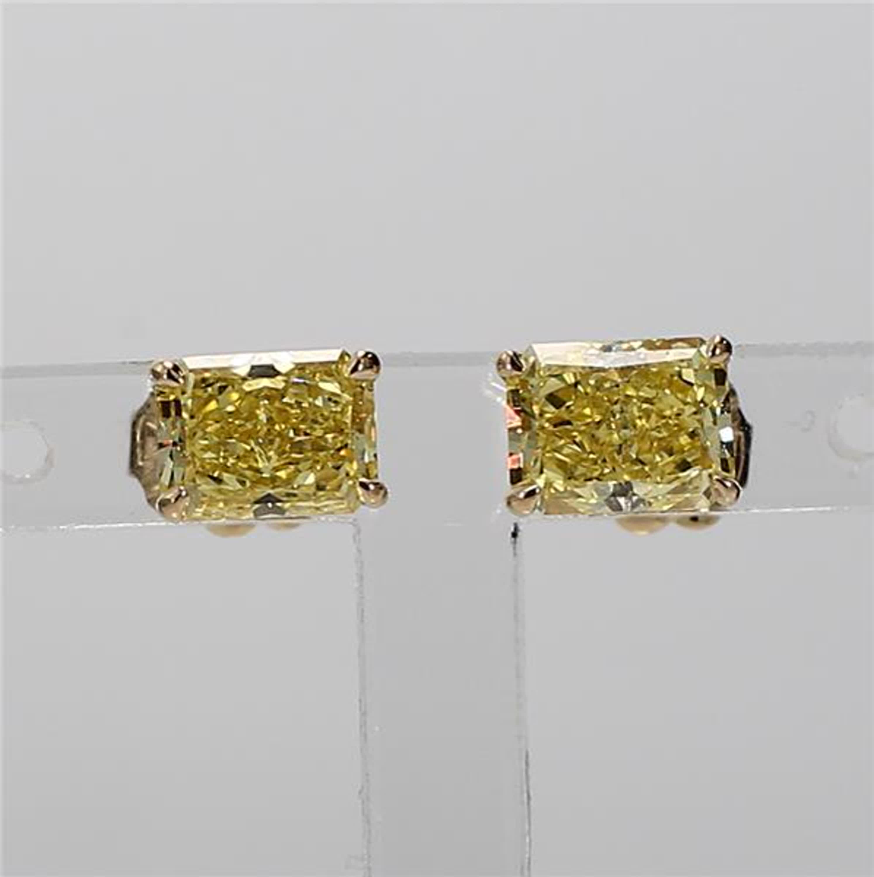 GIA Certified Natural Yellow Radiant Diamond 1.84 Carat TW Gold Stud Earrings