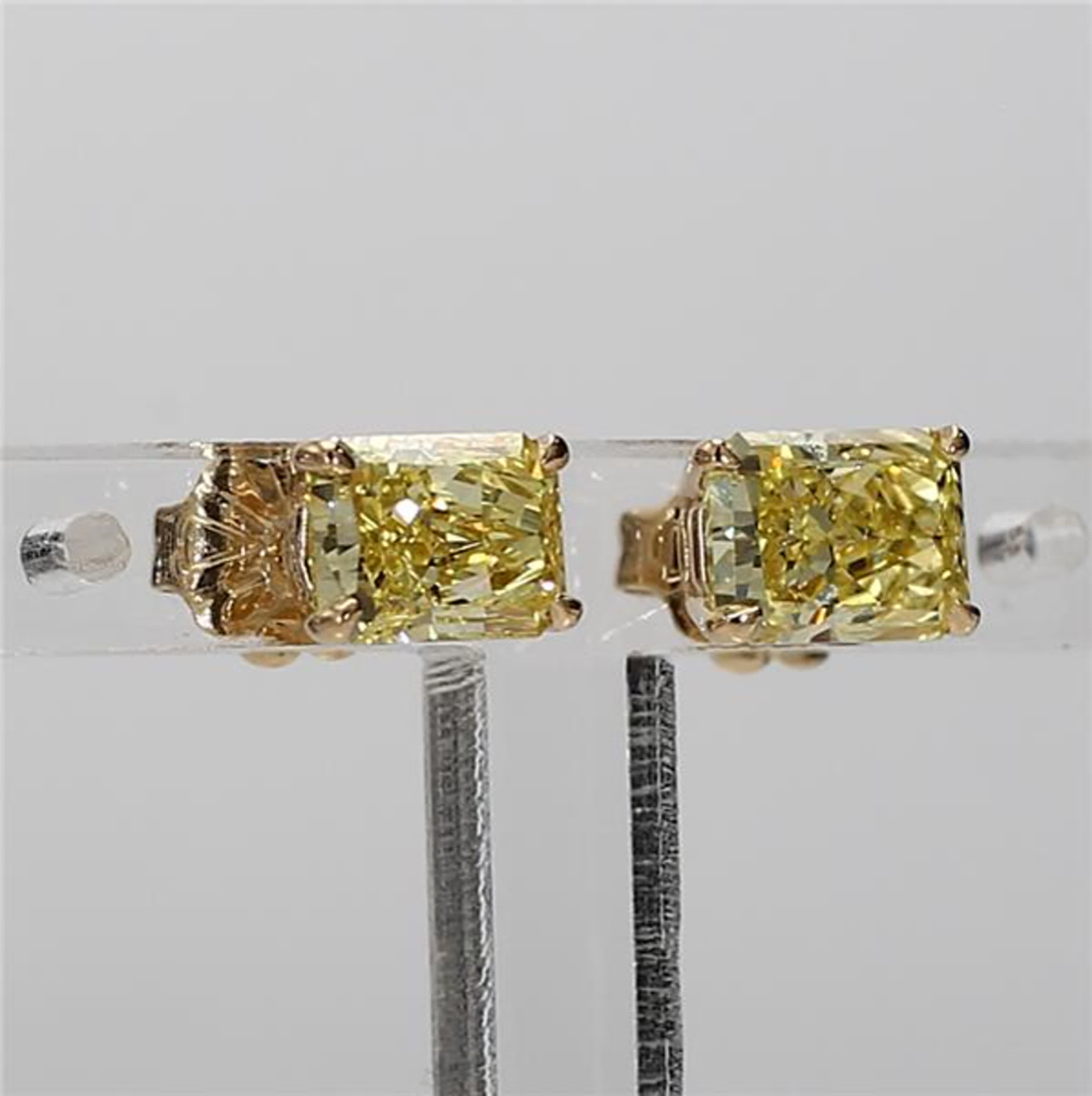 GIA Certified Natural Yellow Radiant Diamond 1.84 Carat TW Gold Stud Earrings