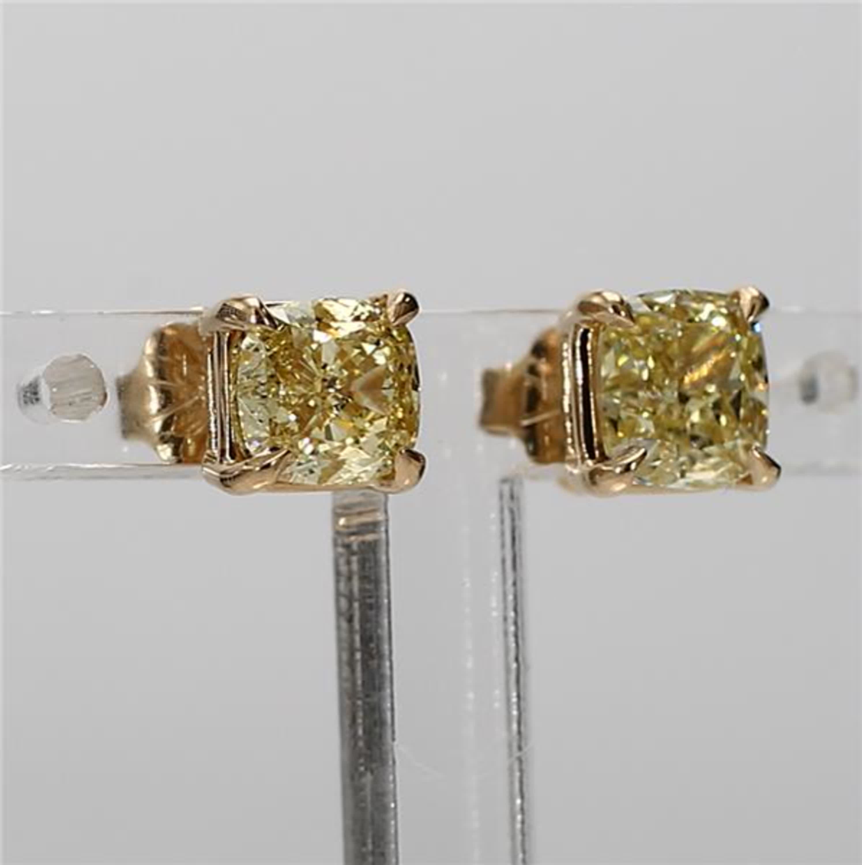 GIA Certified Natural Yellow Cushion Diamond 2.04 Carat TW Gold Stud Earrings