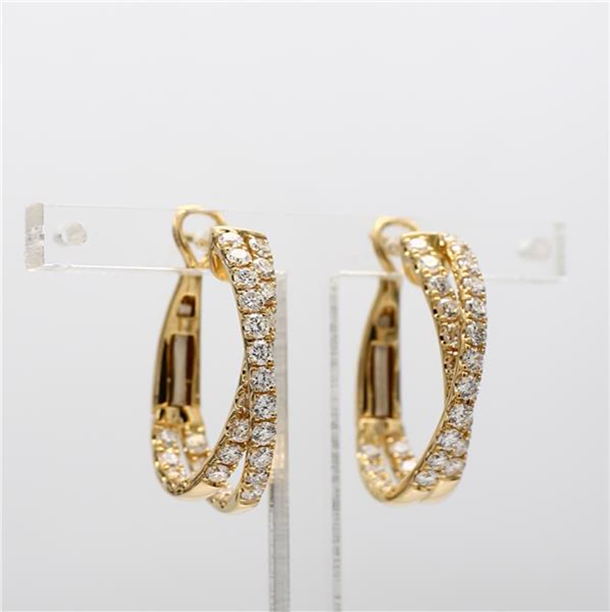 Natural White Round Diamond 1.66 Carat TW Yellow Gold Hoop Earrings