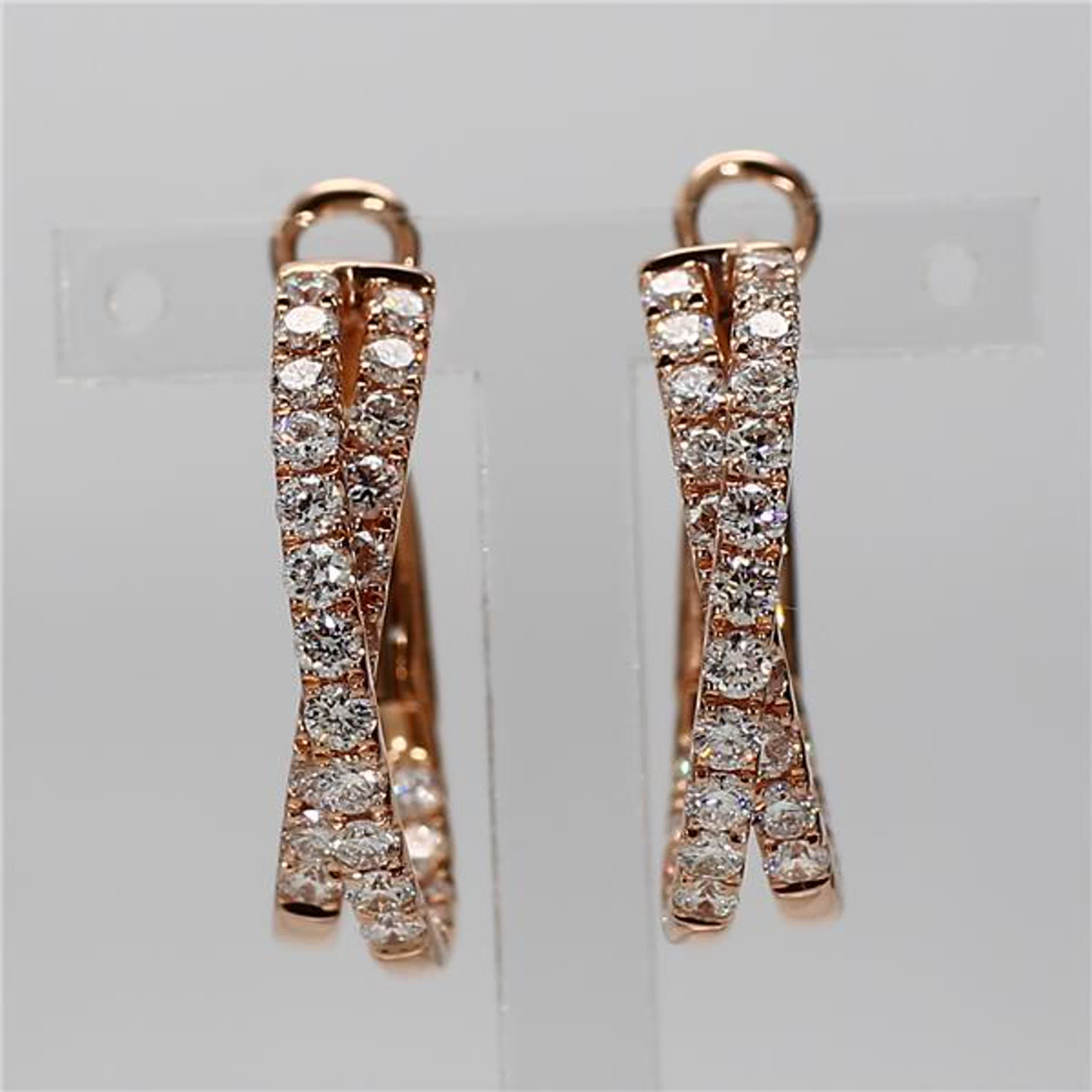 Natural White Round Diamond 1.66 Carat TW Rose Gold Hoop Earrings