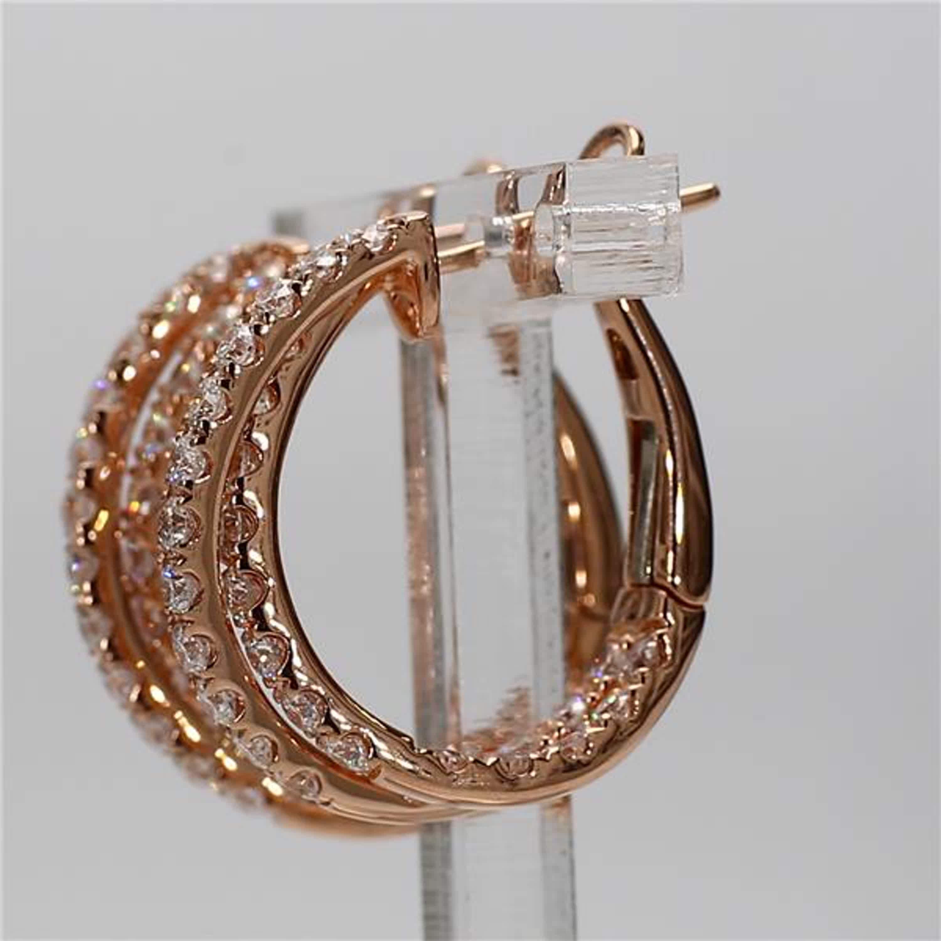 Natural White Round Diamond 1.66 Carat TW Rose Gold Hoop Earrings