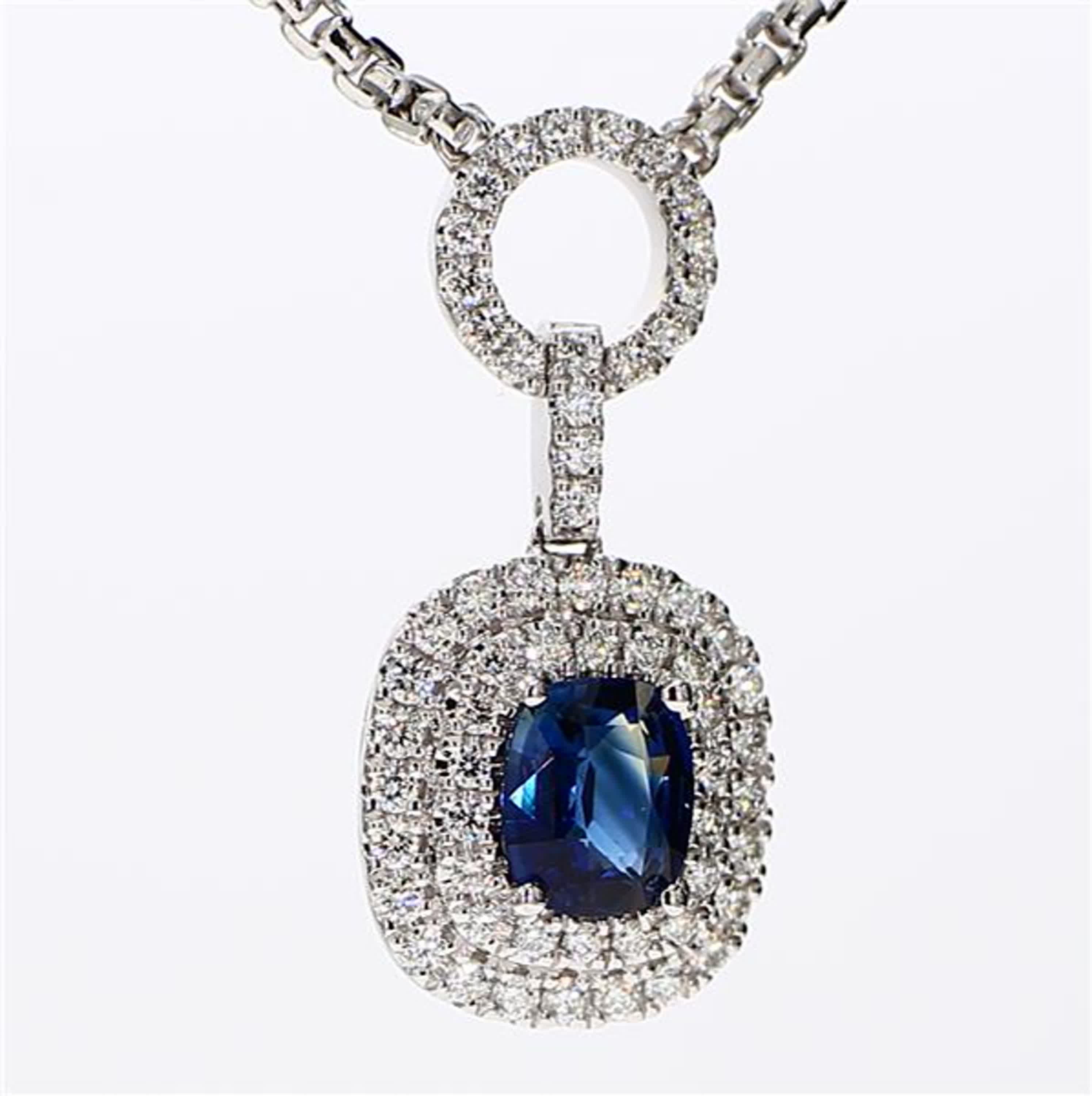Natural Blue Cushion Sapphire and White Diamond 1.65 Carat TW White Gold Pendant