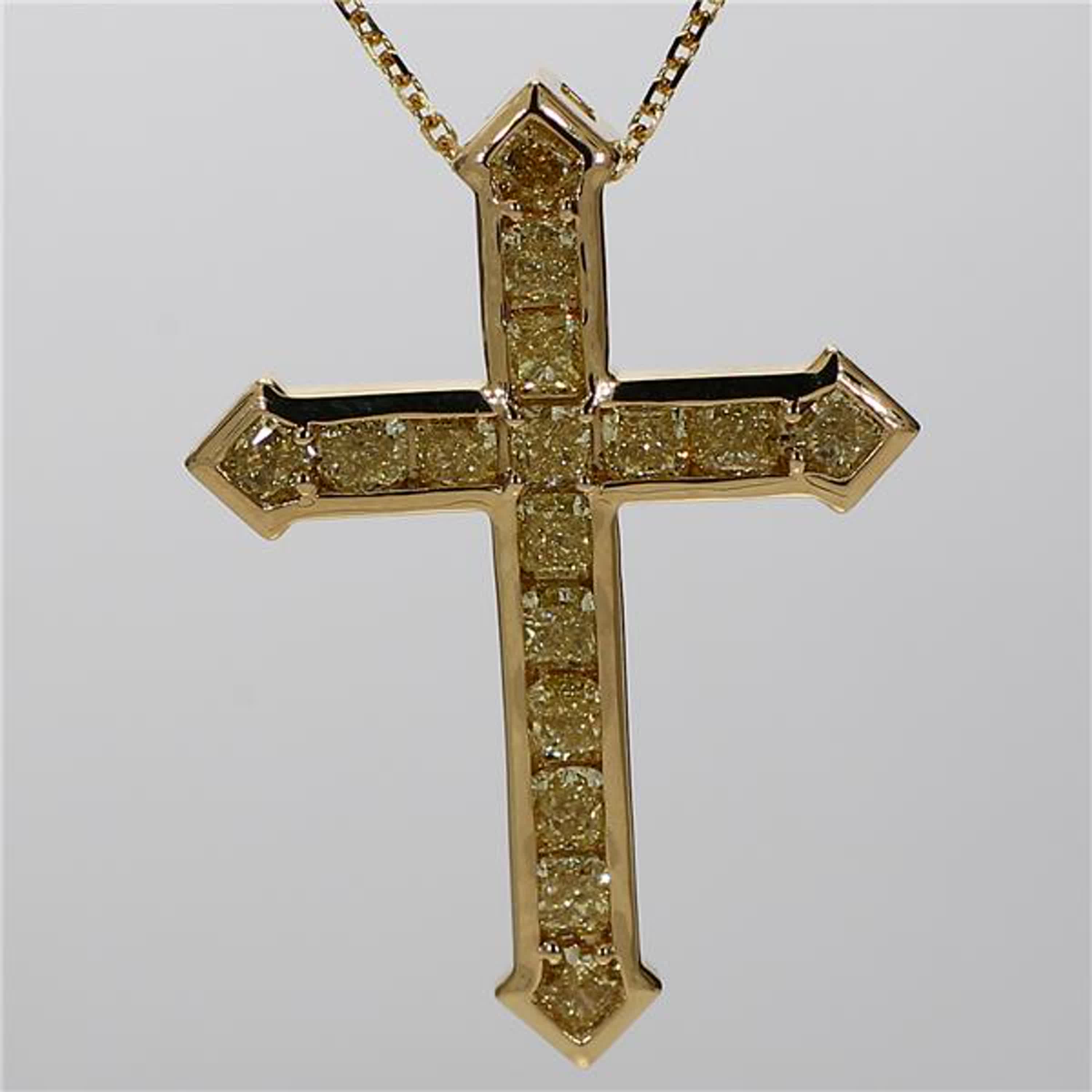 Natural Yellow Cushion Diamond 2.13 Carat TW Yellow Gold Cross Pendant