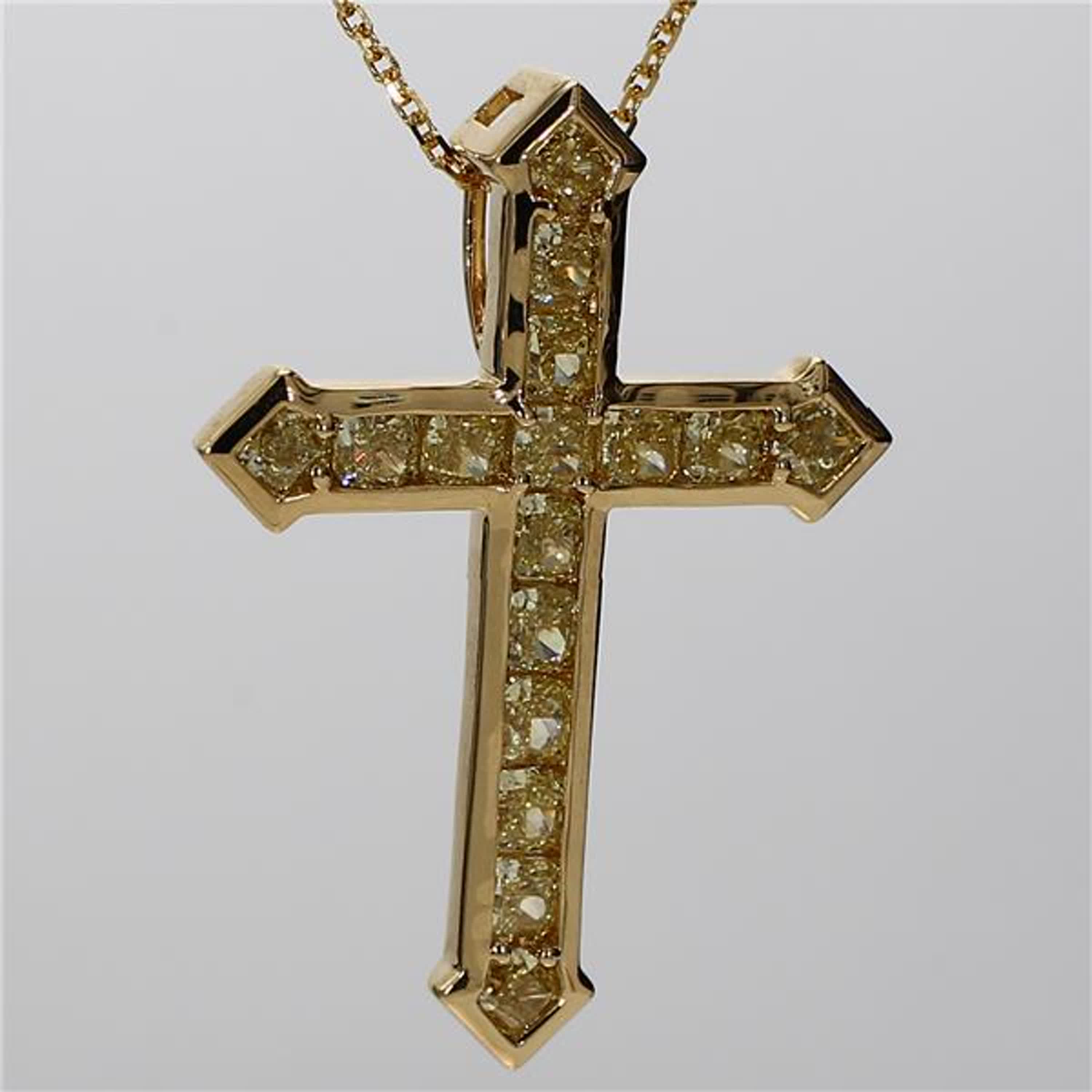Natural Yellow Cushion Diamond 2.13 Carat TW Yellow Gold Cross Pendant