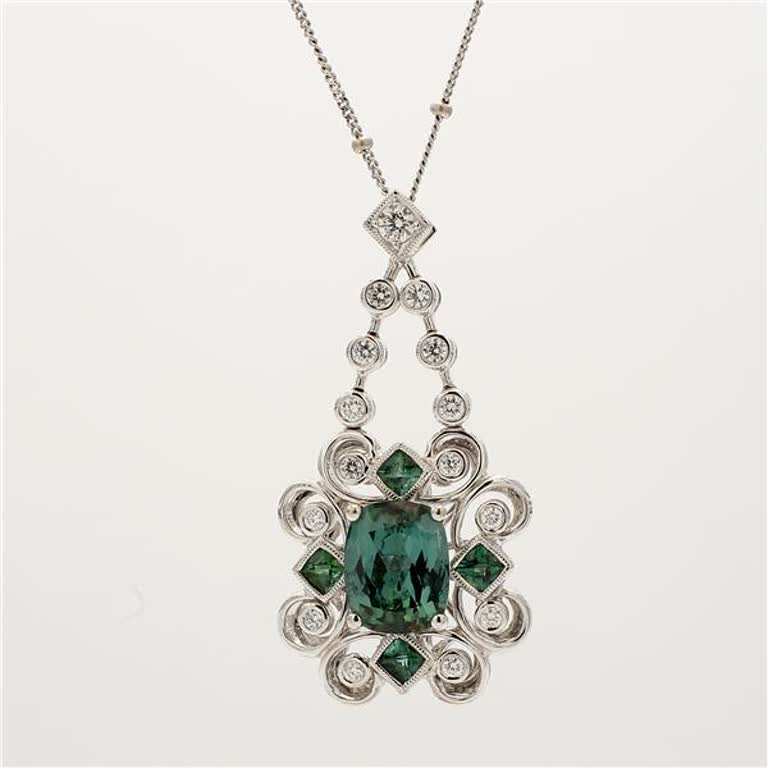 Natural Green Cushion Tourmaline and White Diamond 4.29 Carat TW Gold Pendant