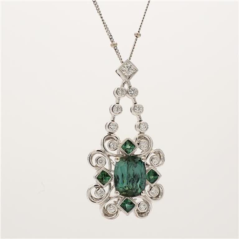 Natural Green Cushion Tourmaline and White Diamond 4.29 Carat TW Gold Pendant