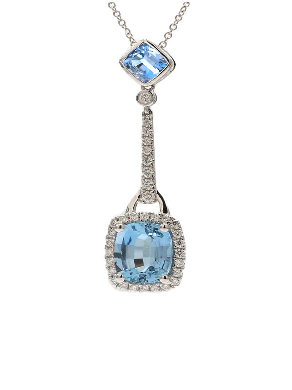 Natural Cushion Aqua-Marine and White Diamond 3.35 Carat TW White Gold Pendant