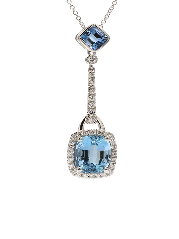 Natural Cushion Aqua-Marine and White Diamond 3.35 Carat TW White Gold Pendant