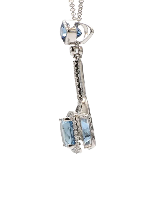 Natural Cushion Aqua-Marine and White Diamond 3.35 Carat TW White Gold Pendant