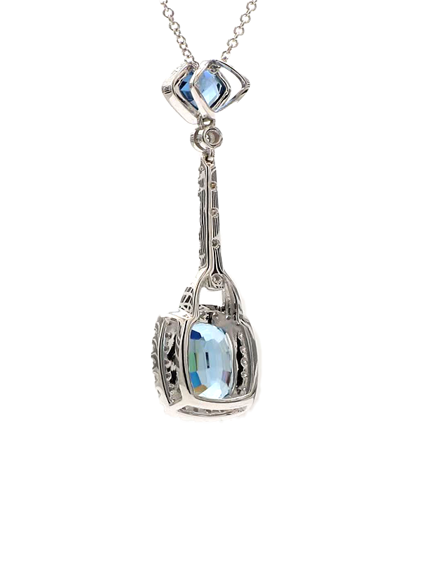 Natural Cushion Aqua-Marine and White Diamond 3.35 Carat TW White Gold Pendant