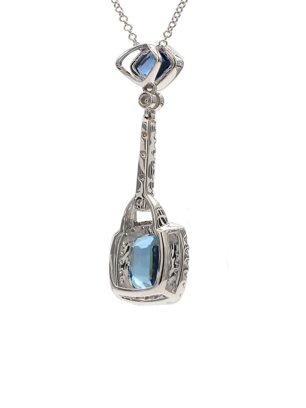 Natural Cushion Aqua-Marine and White Diamond 3.35 Carat TW White Gold Pendant