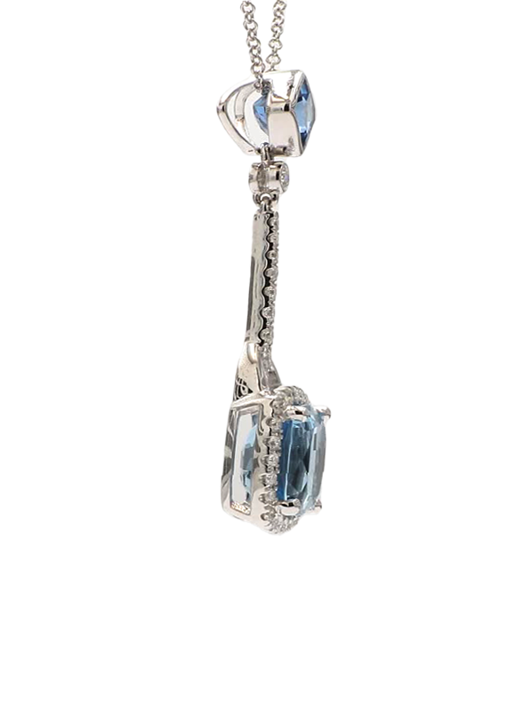 Natural Cushion Aqua-Marine and White Diamond 3.35 Carat TW White Gold Pendant